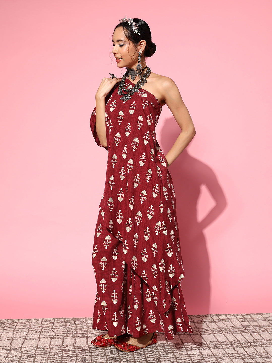 InWeave Women's Maroon Boota One Shoulder Top With Palazzo Set