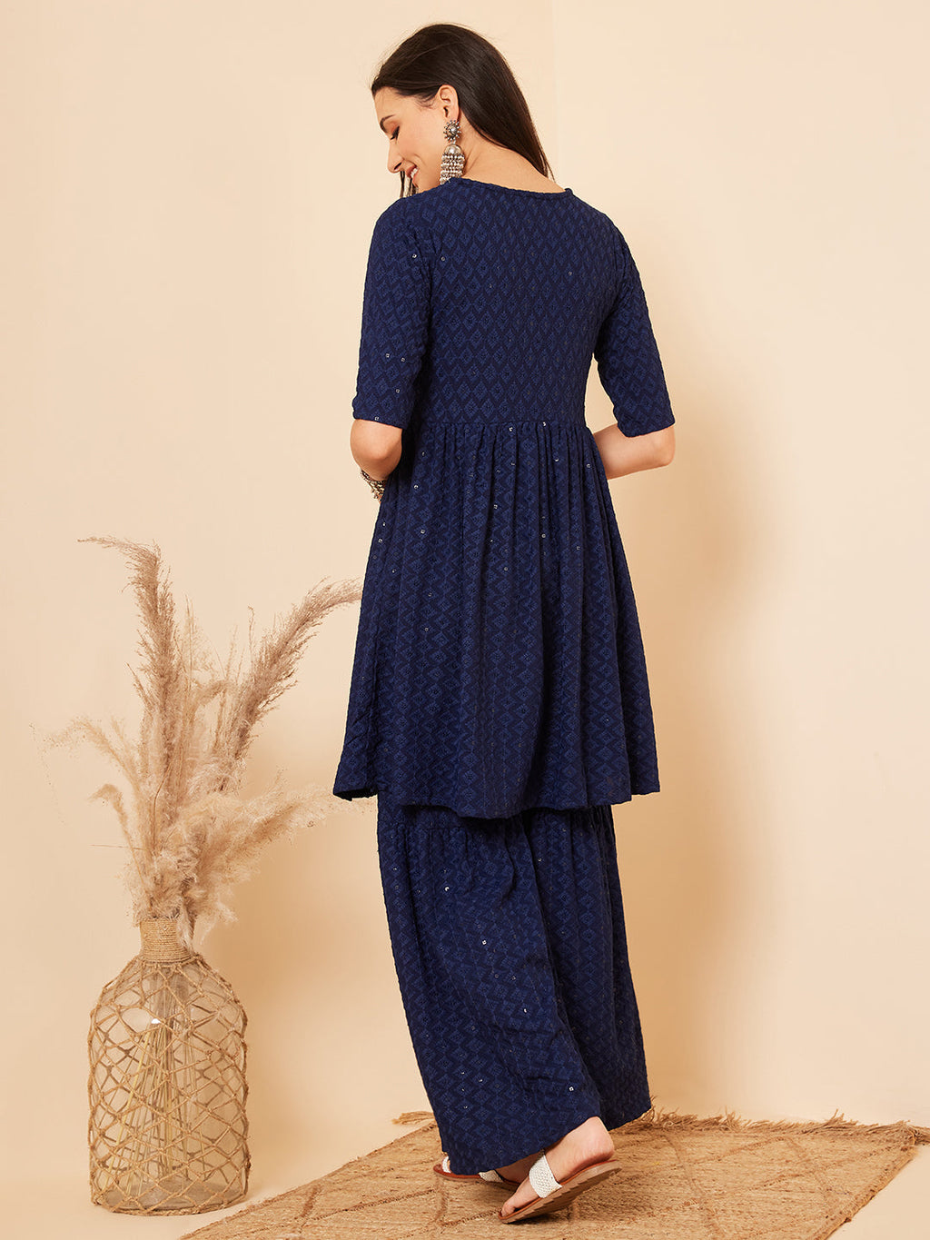 InWeave Women's Royal Blue Chikankari Kurta Set With Sharara