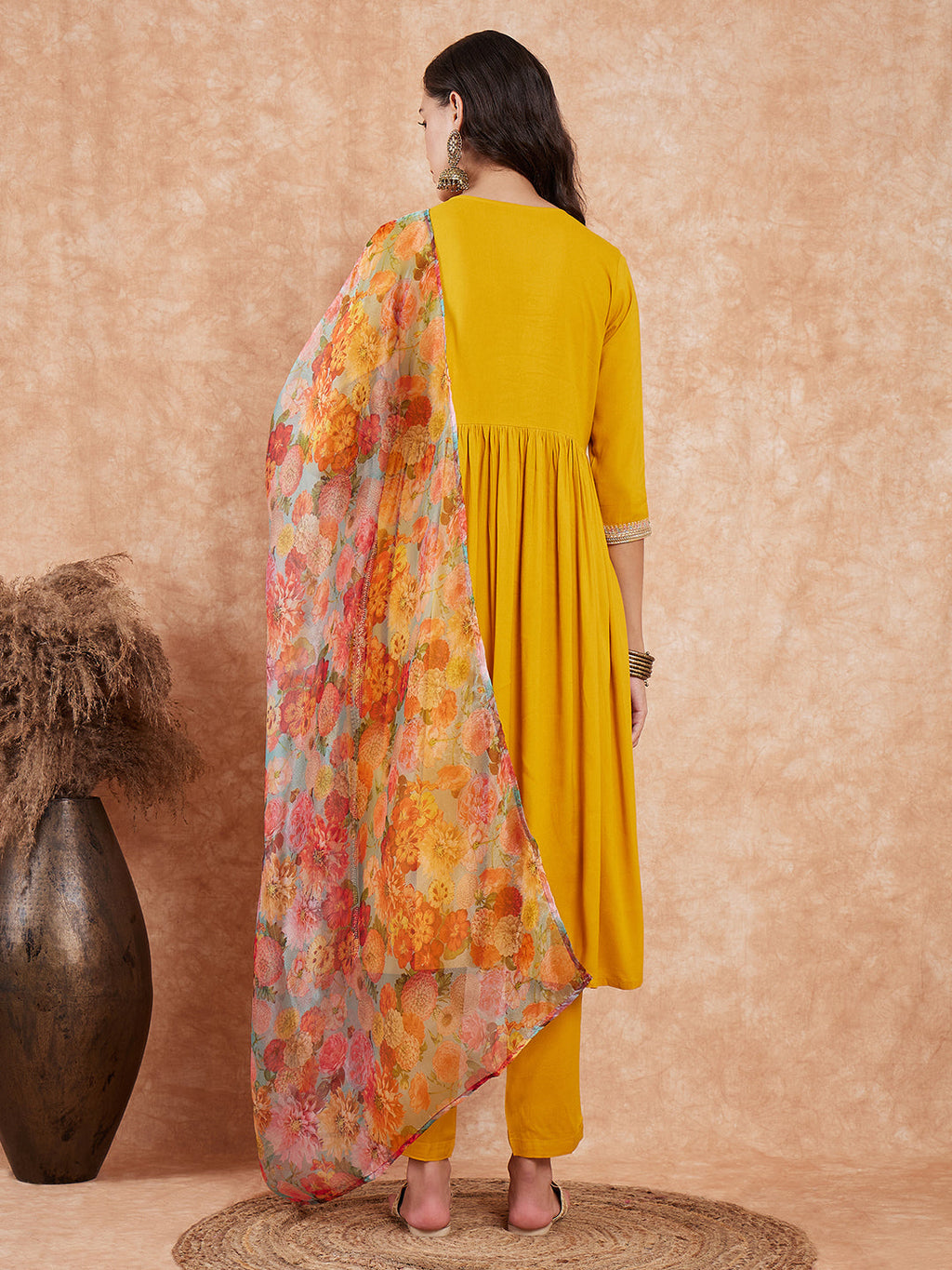 InWeave Women's Mustard Alia Neck Style Gota Set W Organza Dupatta