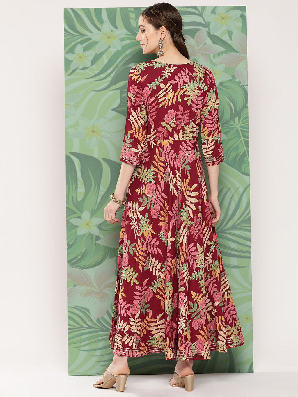 InWeave Women's Red Tropical Print Gota Long Dress