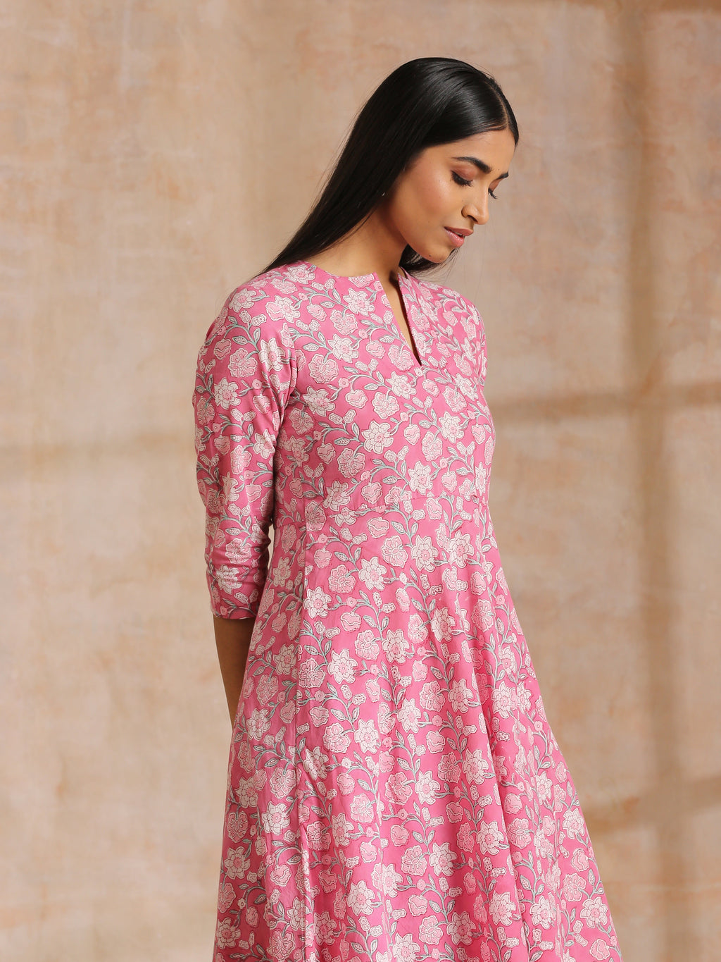 trueBrowns Pink Overall Floral Block Print Cotton Flared Kurta Pant Set