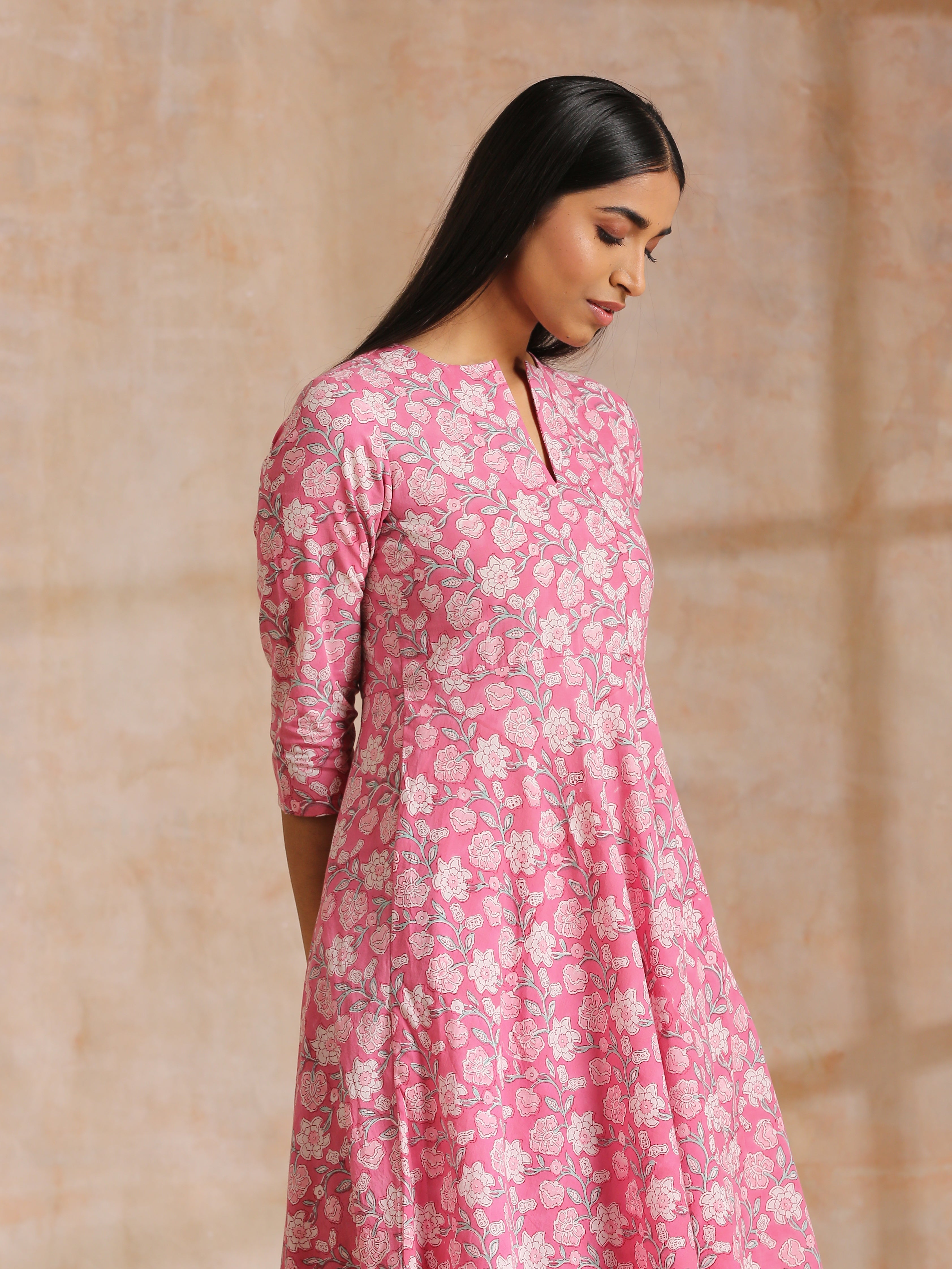 trueBrowns Pink Overall Floral Block Print Cotton Flared Kurta Pant Set