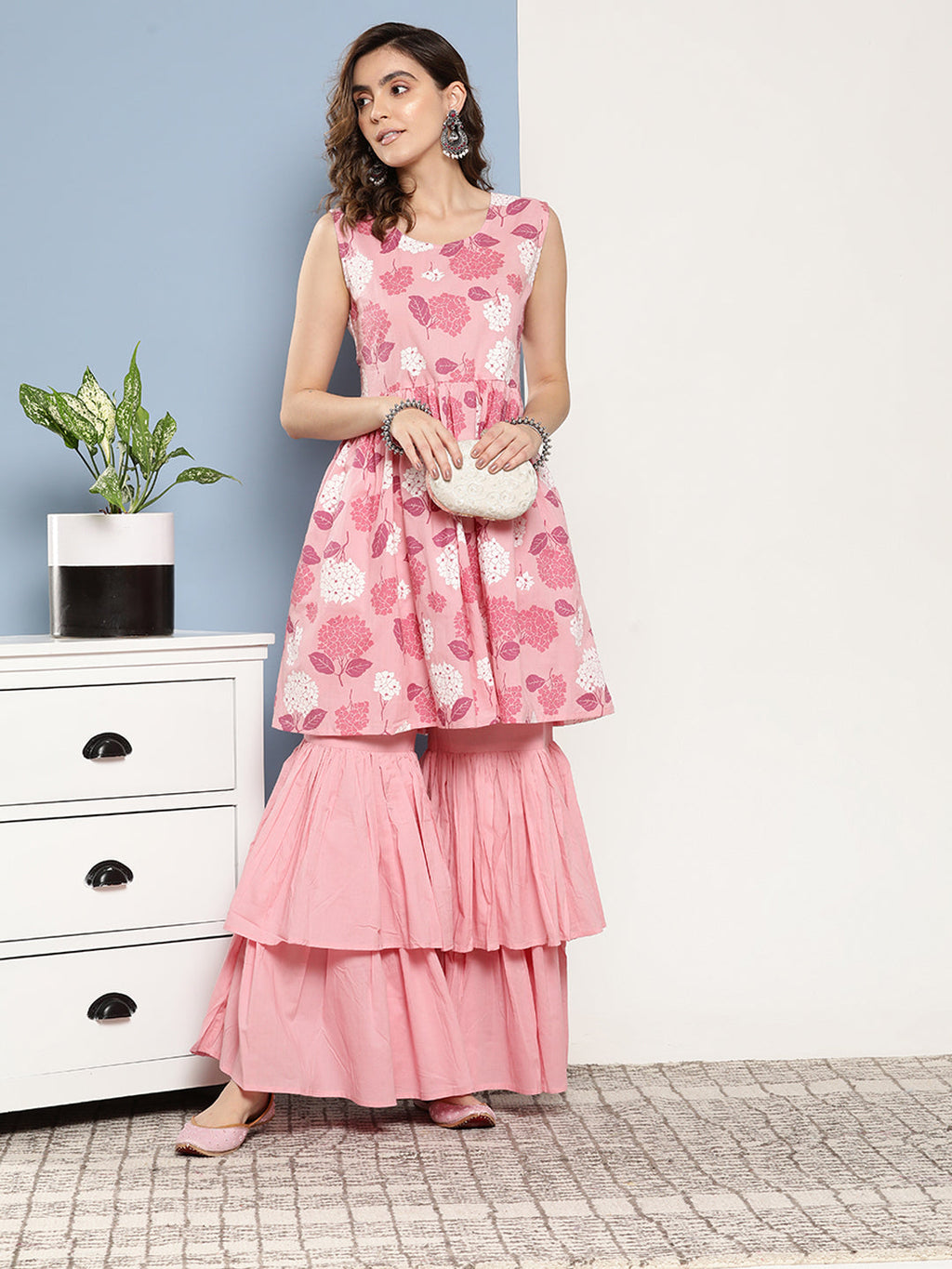 InWeave Women's Pink Printed Chintz Tiered Sharara Set