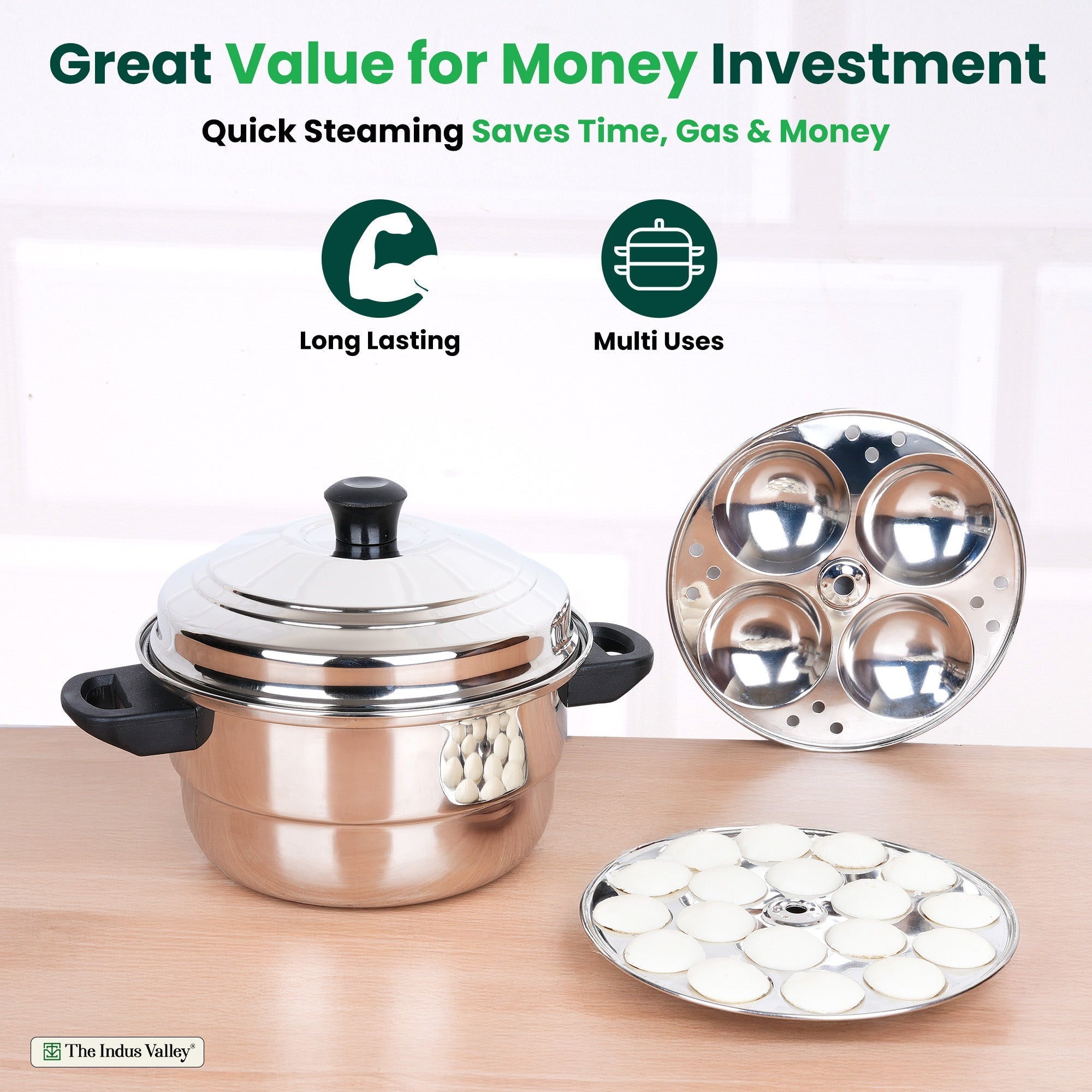 The Indus Valley Premium Stainless Steel idlipot regular with mini idli plates-(3+1) Idli/ Momo Maker/  Veg Steaming Set, Tri-ply Induction Bottom, 4 Plates
