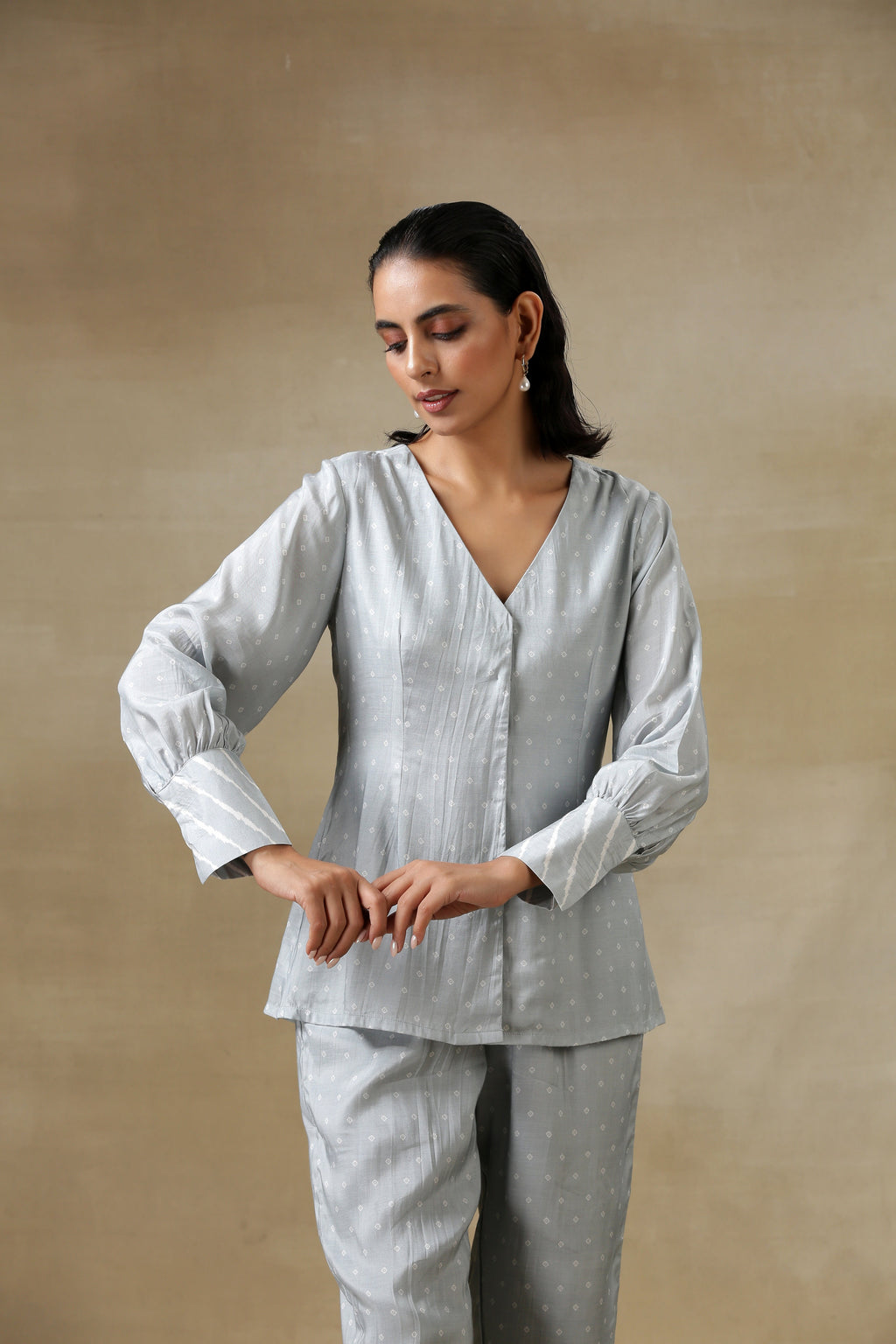 trueBrowns Grey Bandhani Printed Silk Front Open Short Co-Ord Set