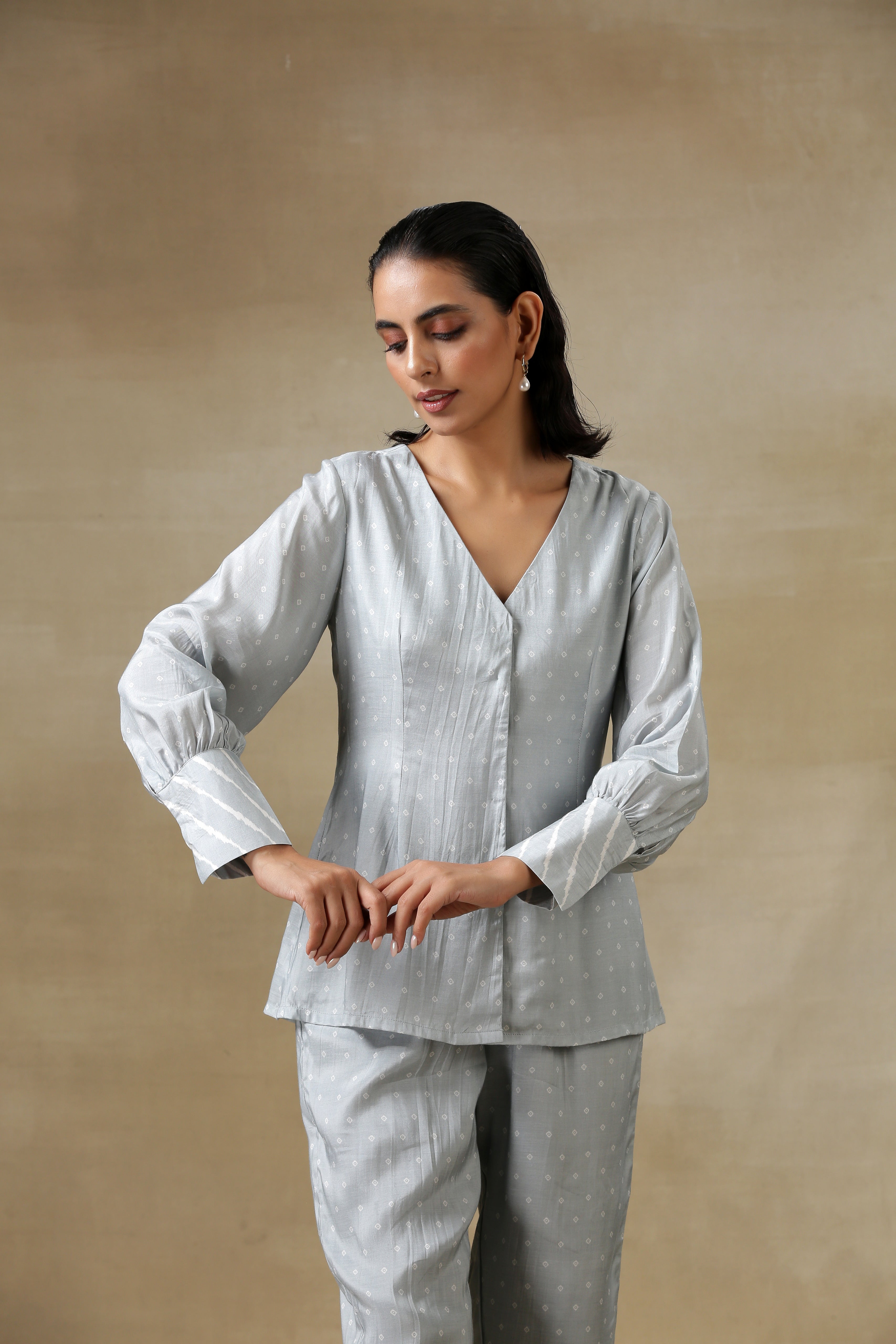 trueBrowns Grey Bandhani Printed Silk Front Open Short Co-Ord Set