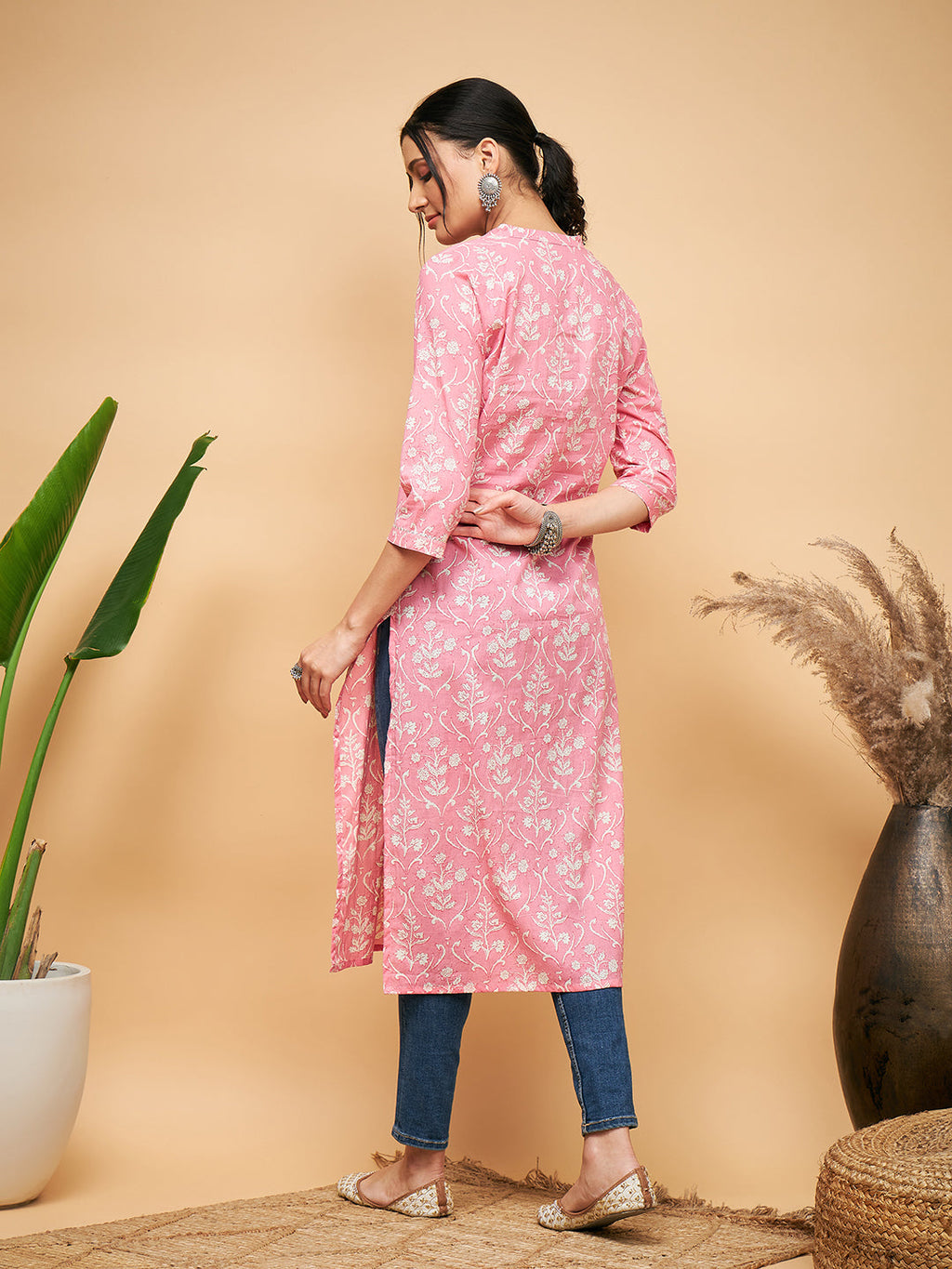 InWeave Women's Light Pink Floral Print Straight Angrakha Gota Kurta