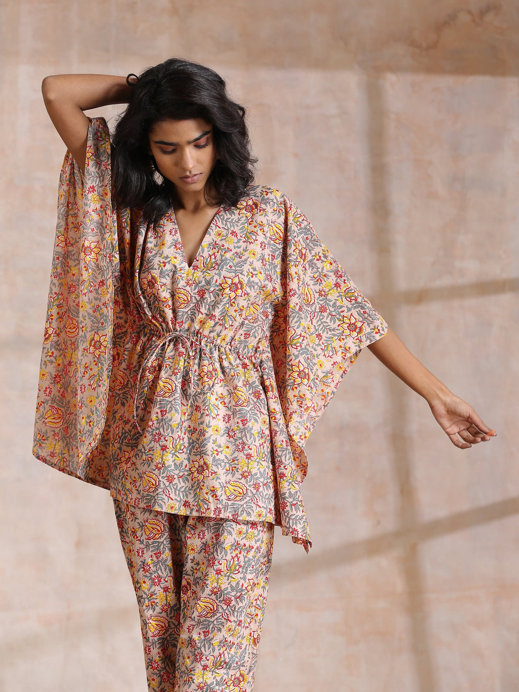 trueBrowns Multicolor Beige Overall Floral Block Print Cotton Kaftan Co-Ord Set