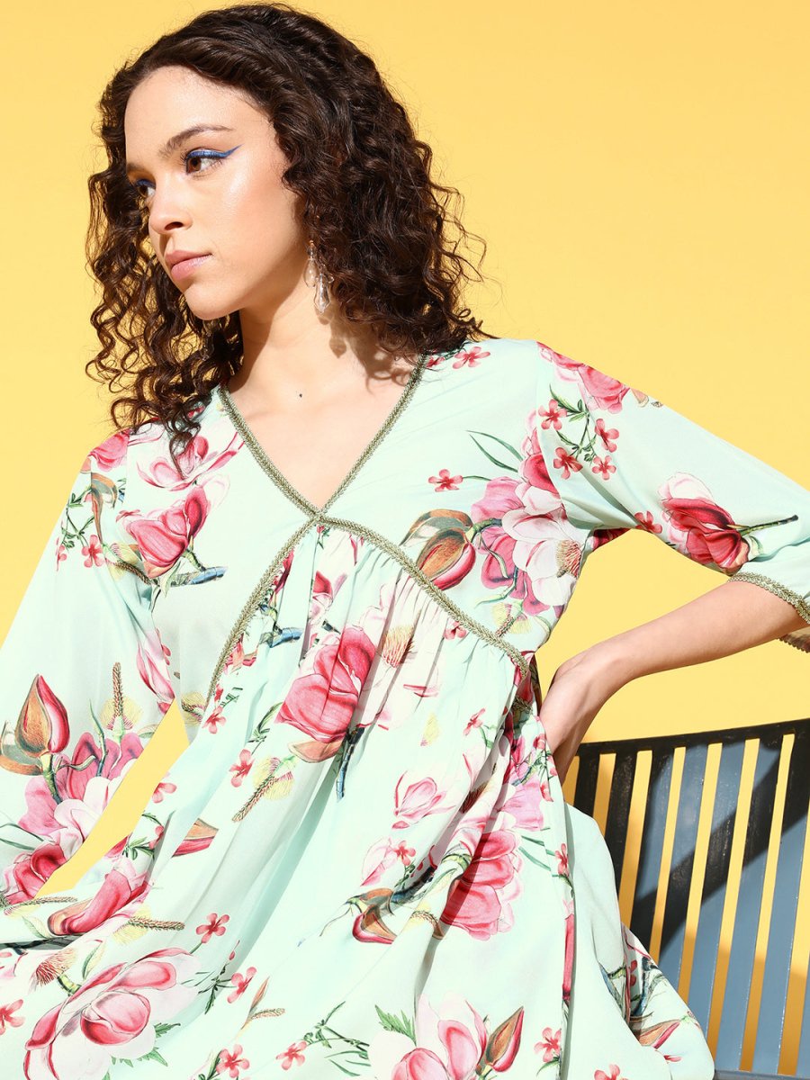 Ahalyaa Women Floral Printed Pleated Kurti with Sharara