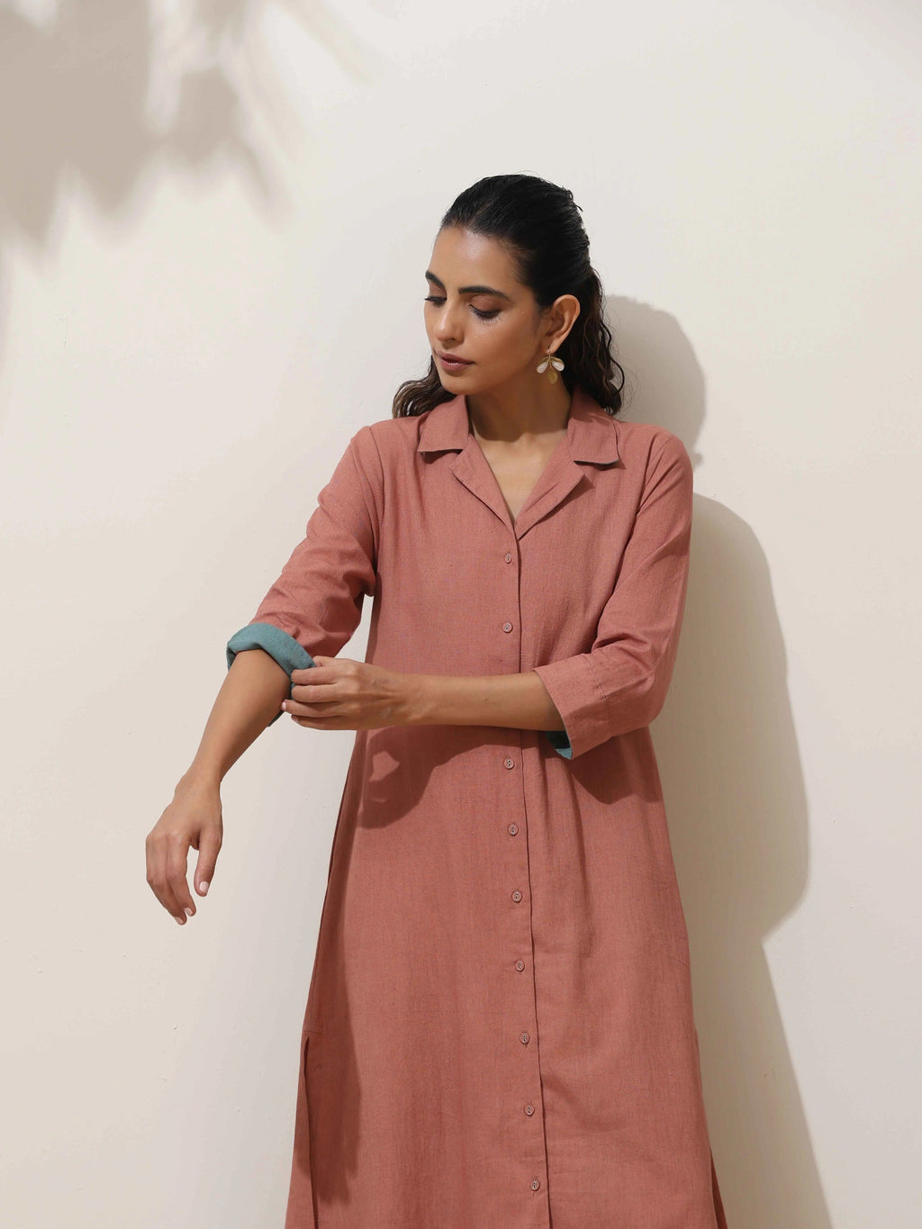 trueBrowns Peach Cotton Linen Kurta Pant Set