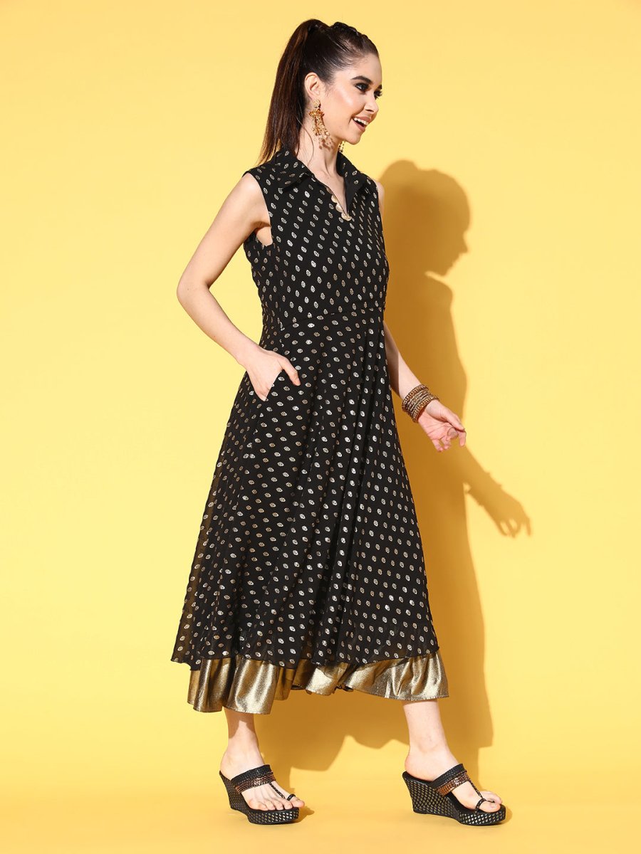 Ahalyaa Black Georgette Ethnic Motifs Printed Shirt-Collar Midi Fit & Flare Ethnic Dress
