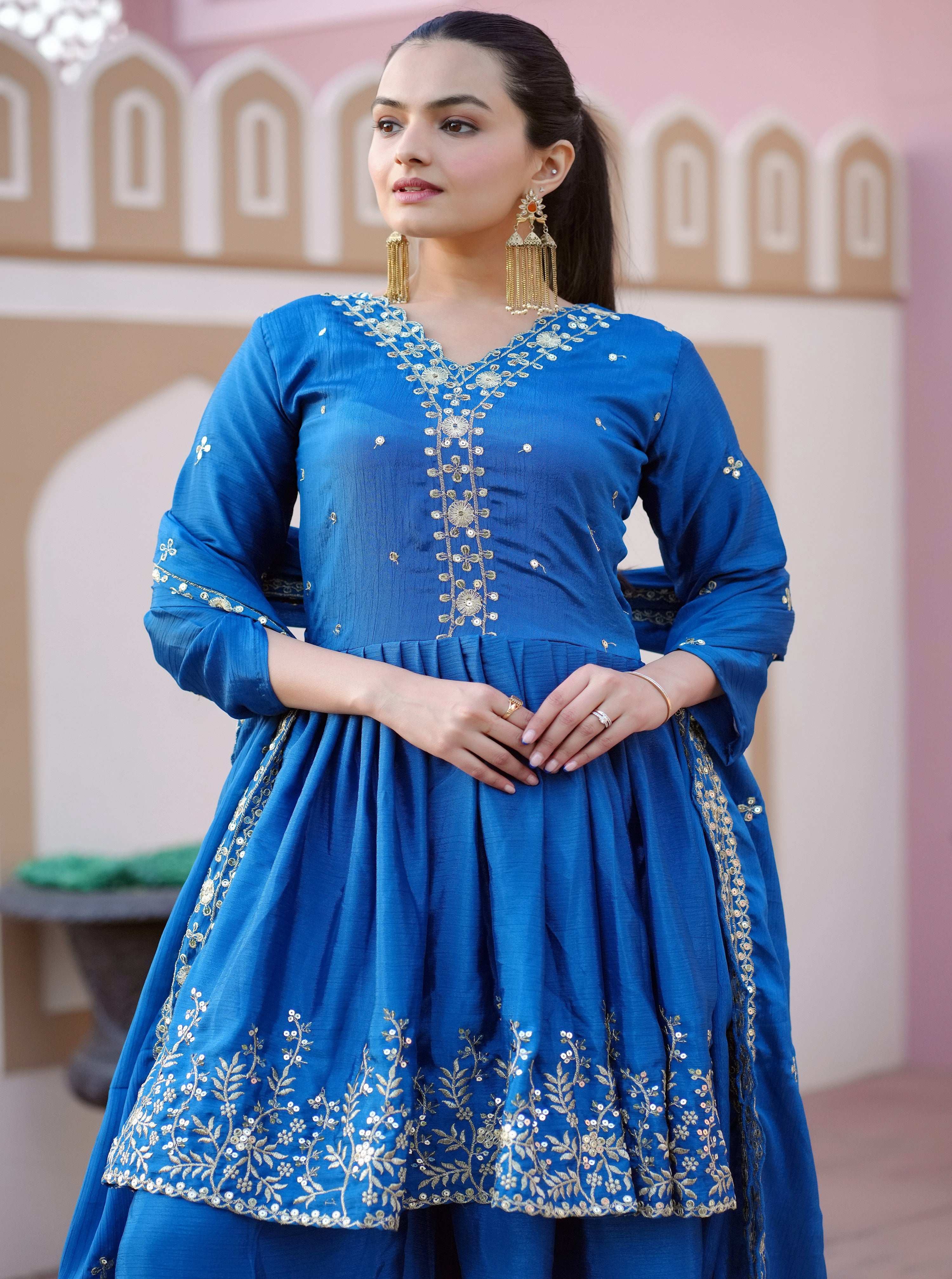 Yash Enterprise Glorious Blue Chinon Silk Embroidery Work Readymade Salwar Suit