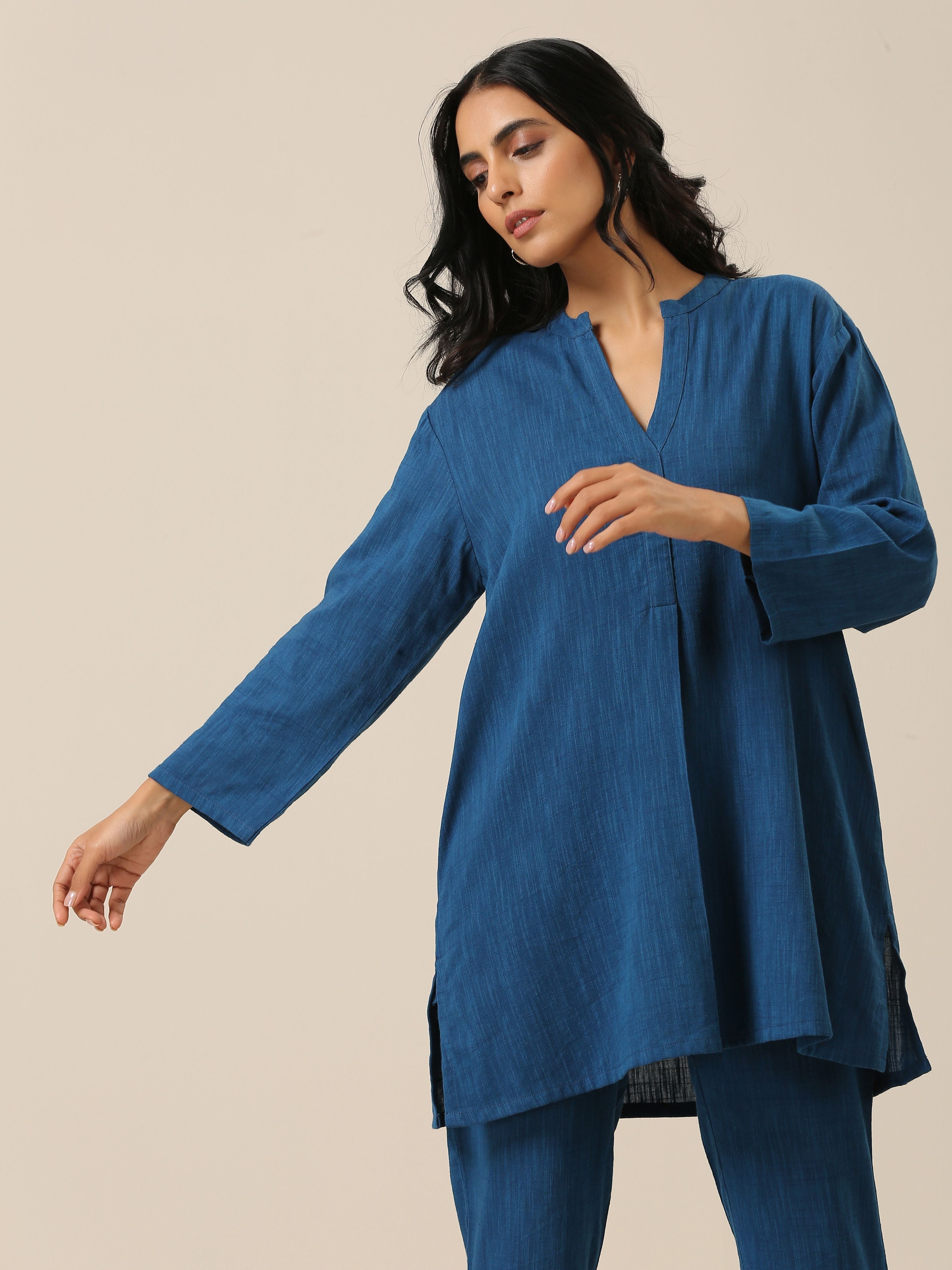 trueBrowns Classic Blue Slub Texture Relax Fit Co-Ord Set