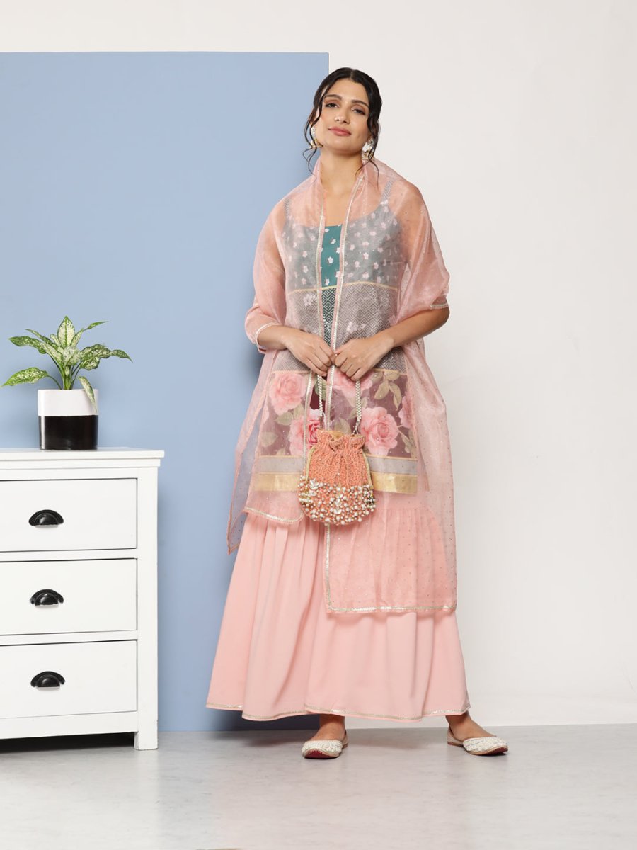 Ahalyaa Women Green Floral Printed Gotta Patti Kurta with Sharara & With Dupatta