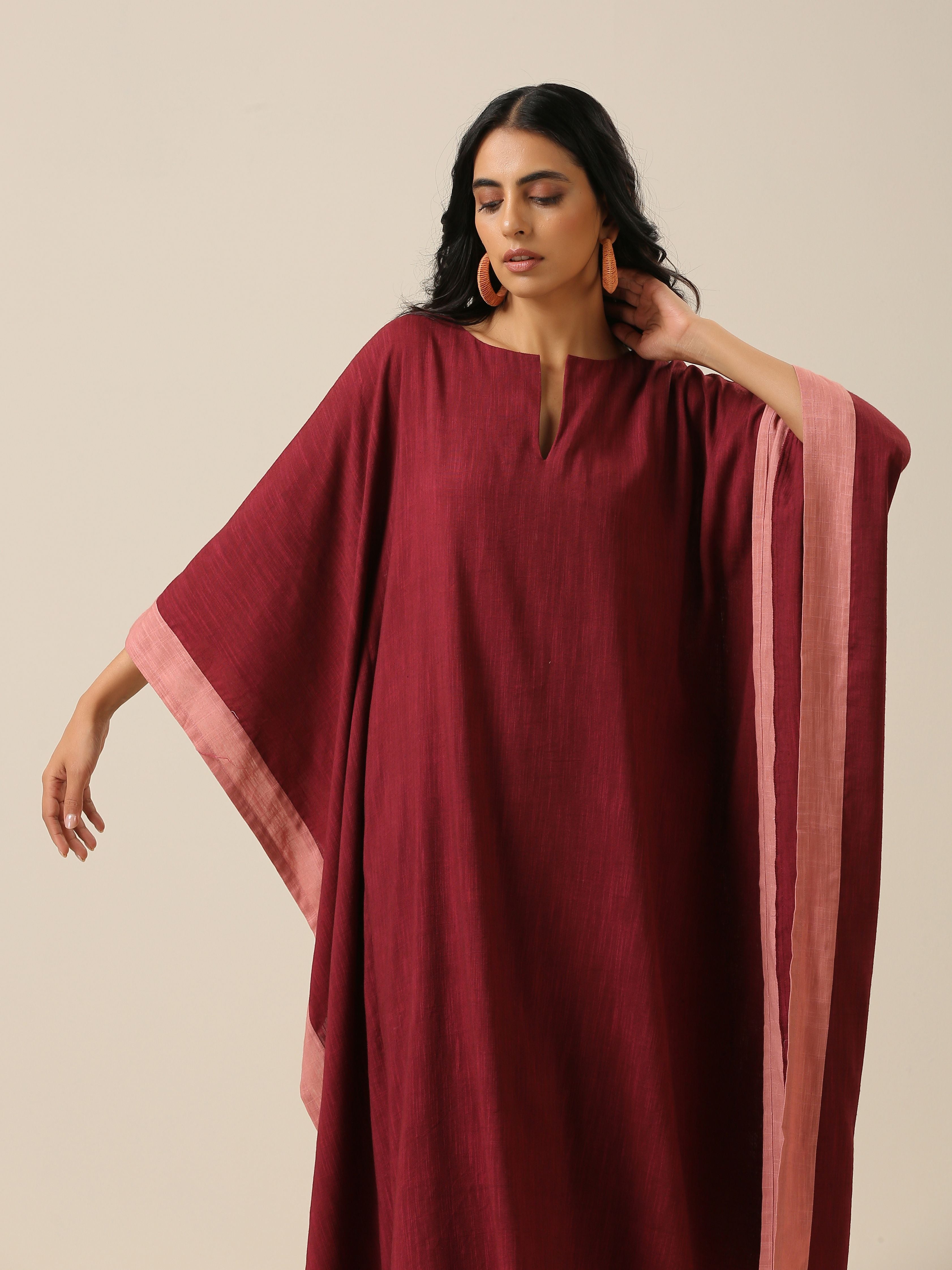 trueBrowns Ruby Wine Slub Texture High Low Kaftan Pant Set