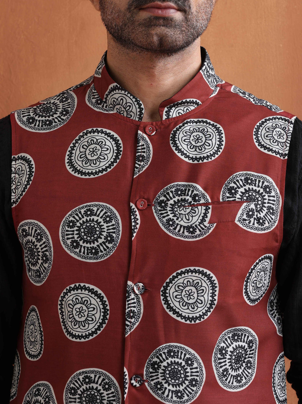 trueBrowns Men's Rust Printed Nehru Jacket