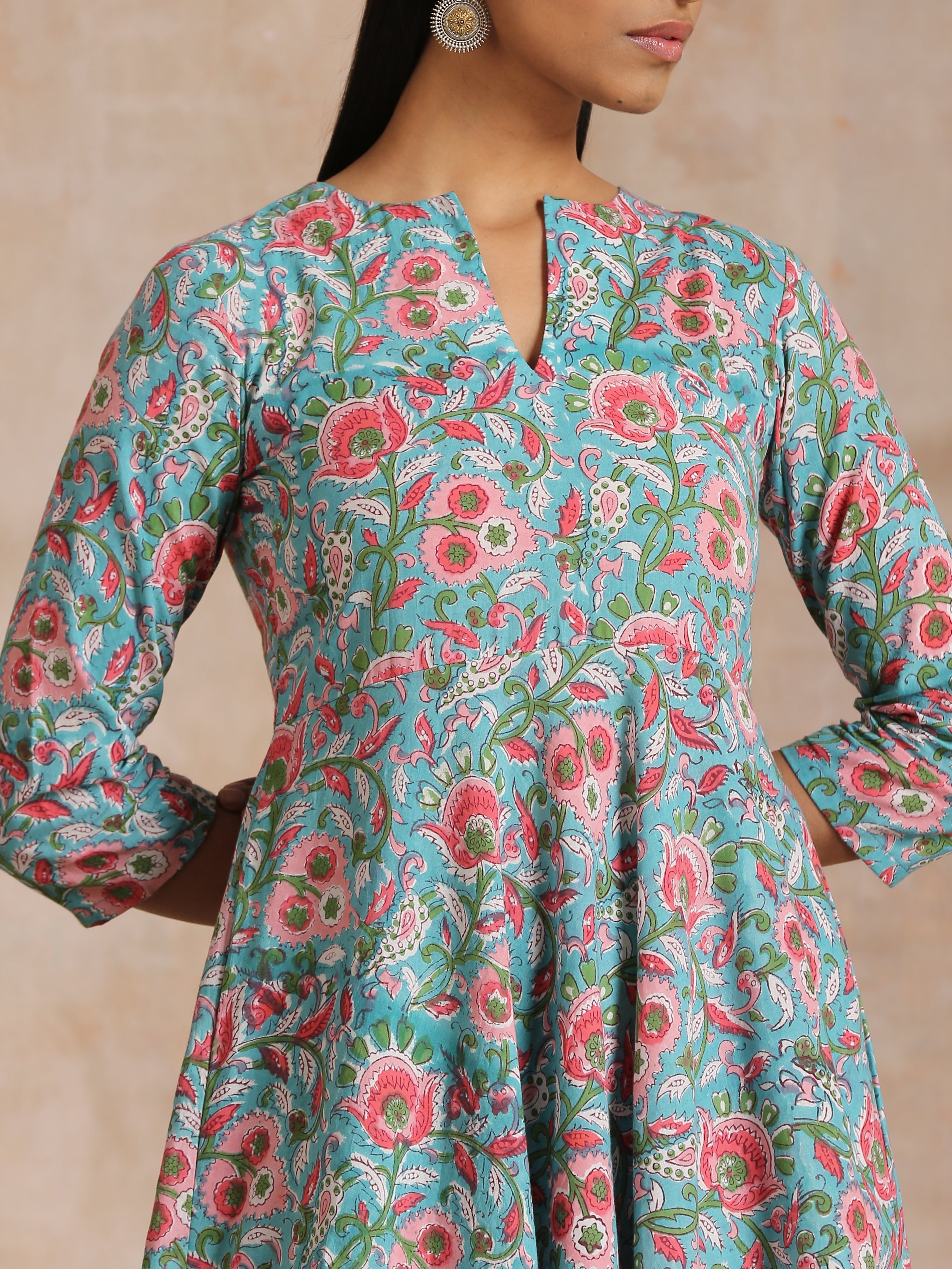 trueBrowns Turkish Blue Overall Floral Block Print Cotton Flared Kurta Pant Set