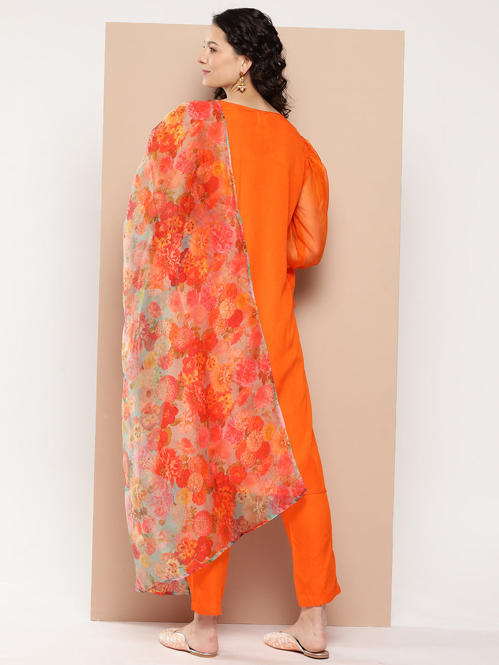 InWeave Women's Orange Organza Sleeve Kurta Set W Green Or Dupatta