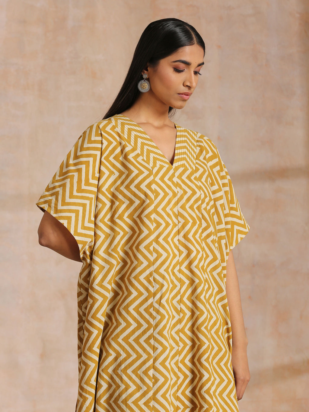 trueBrowns Mustard Dabu Zig-Zag Lines Print Cotton Panel Kaftan Kurta Pant Set