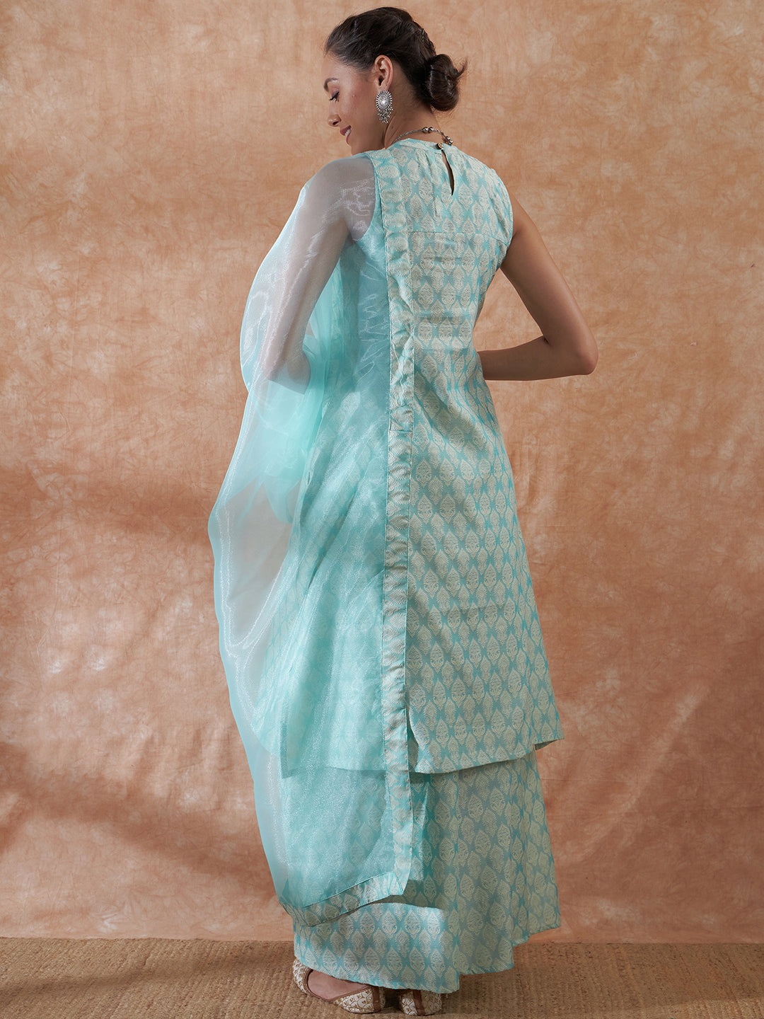 InWeave Women's Powder Blue Jacquard Halter Kurta Set W Powder Blue Or Dupatta