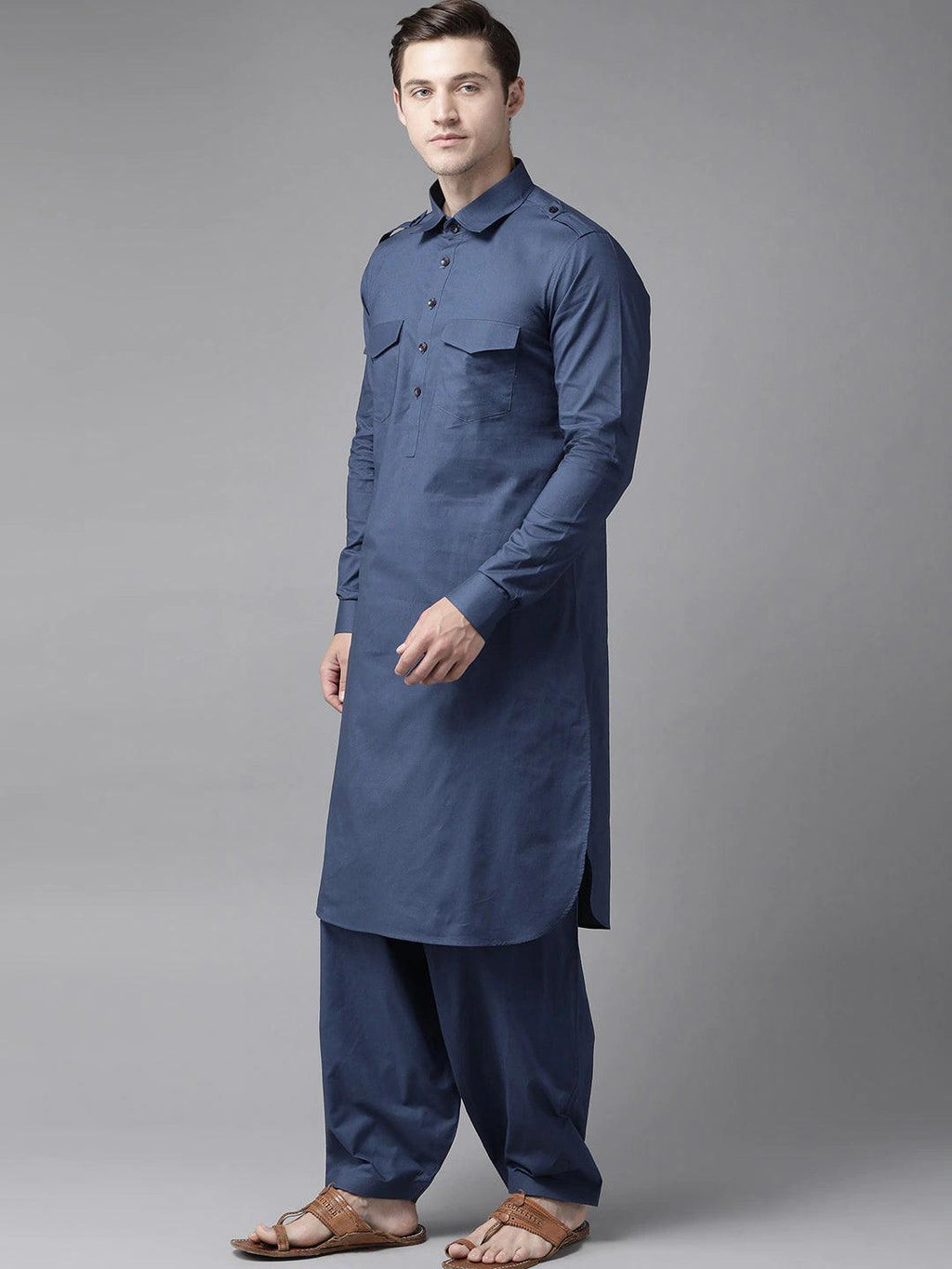 Fabmade Navy Blue Pathani Suit