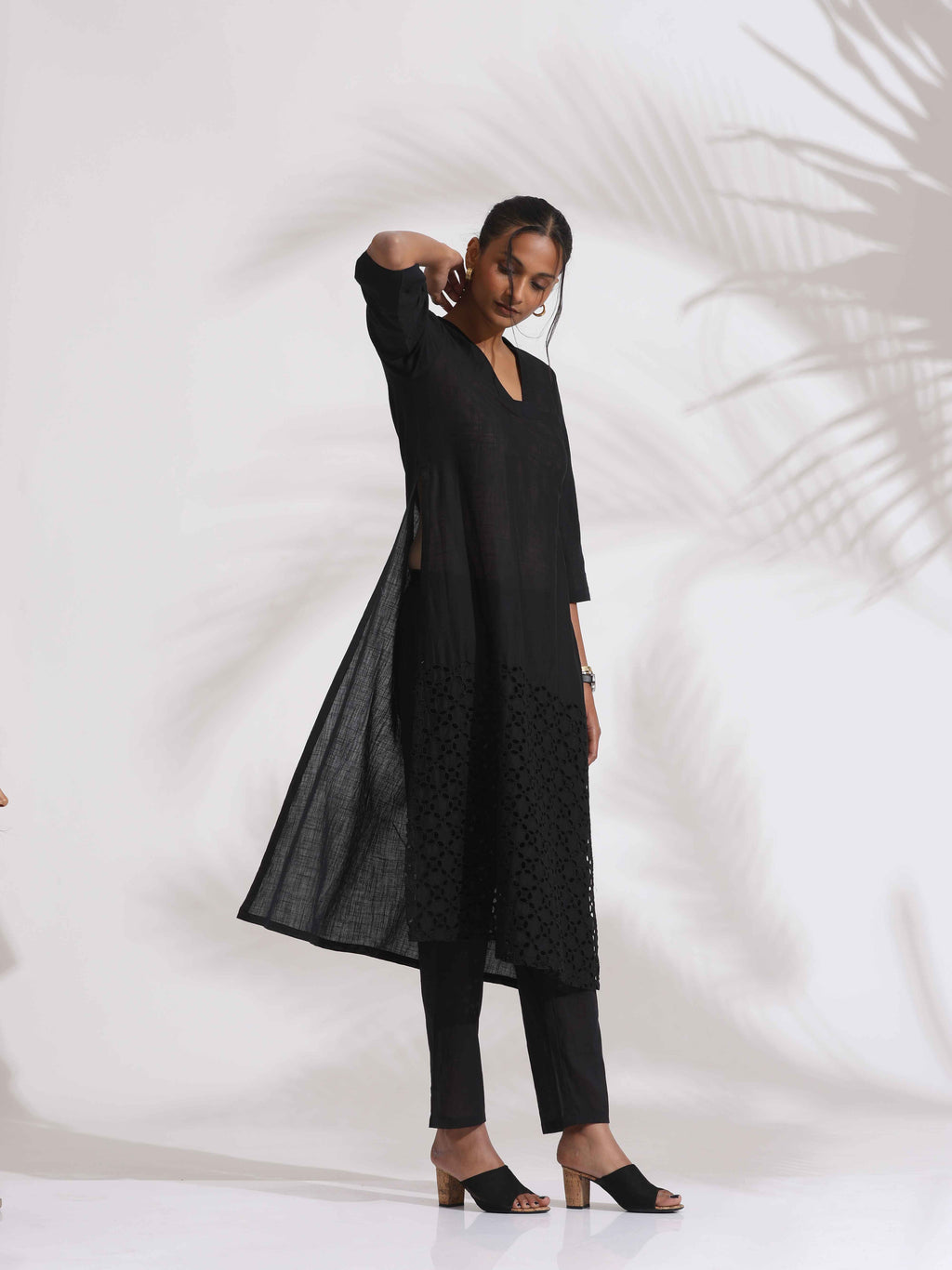 trueBrowns Black Cotton Schiffli Kurta Set