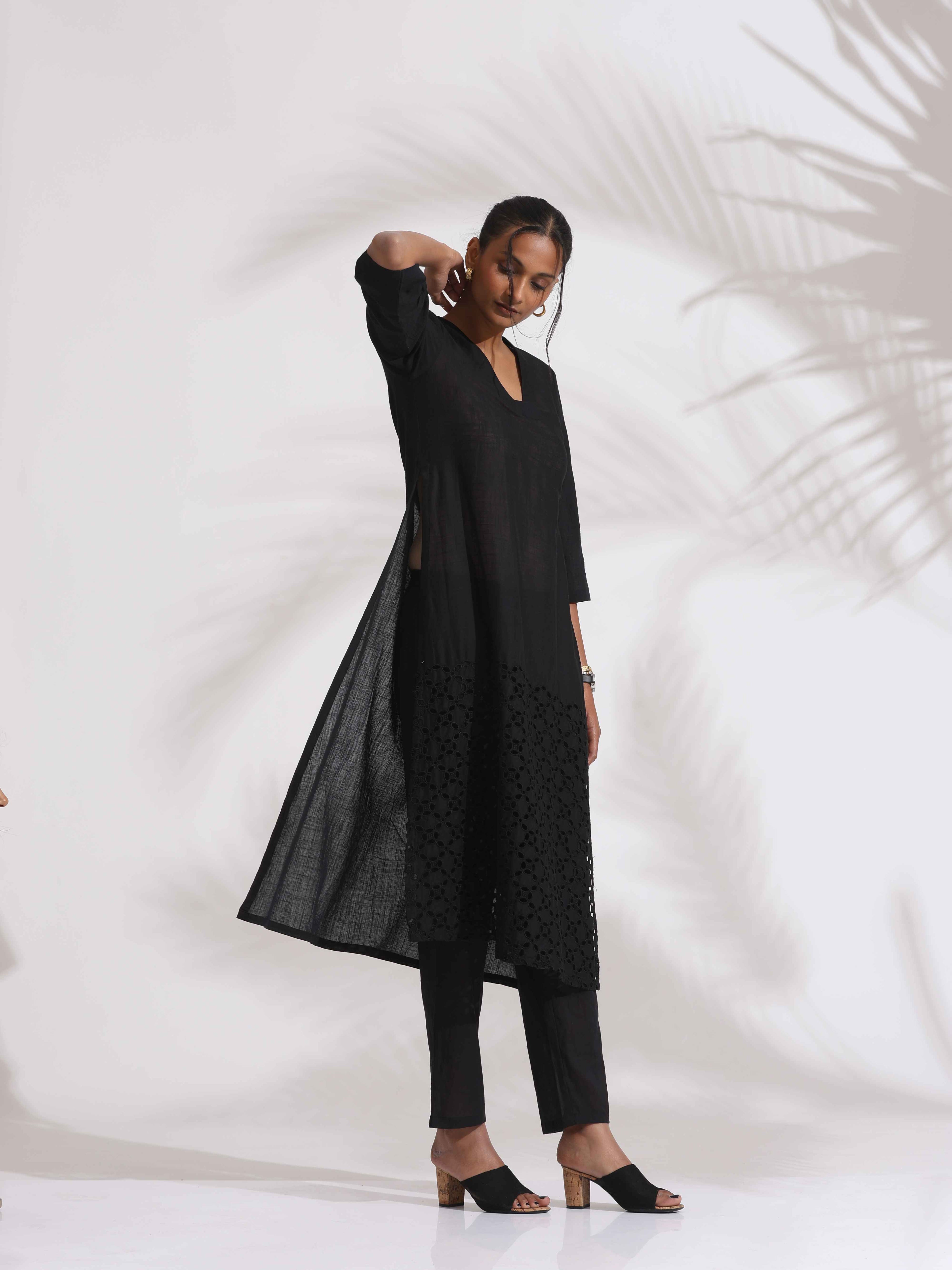 trueBrowns Black Cotton Schiffli Kurta Set