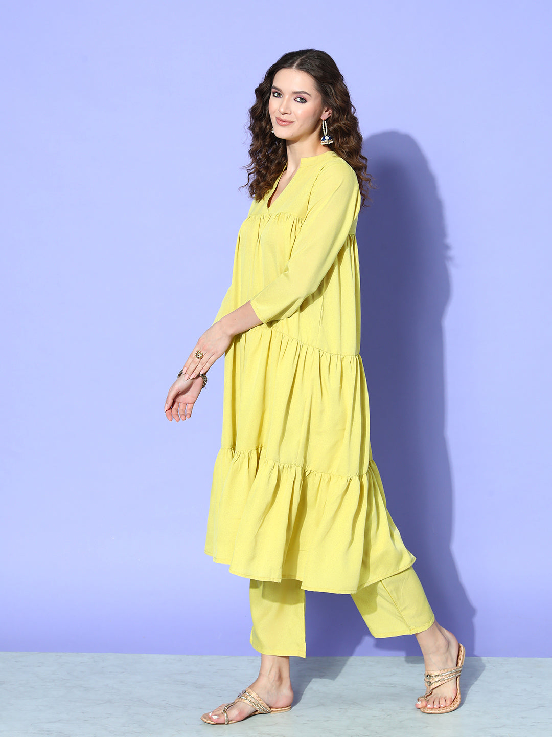 InWeave Women's Lime Green Flared Kurta Set With Green Organza Dupatta