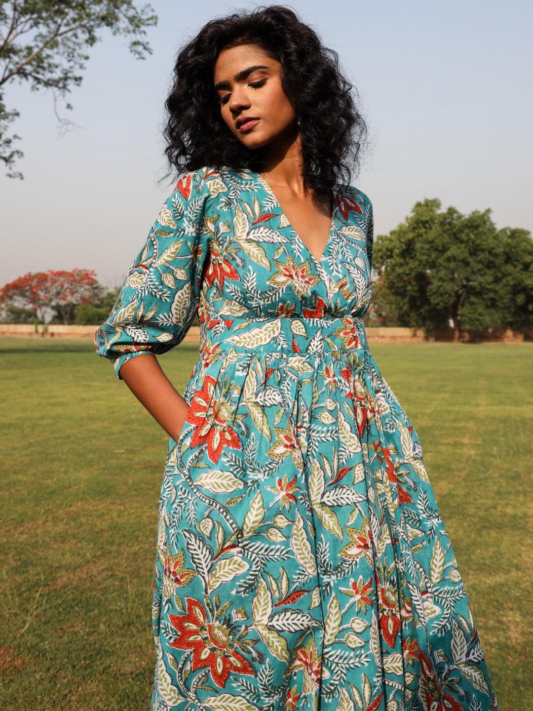 trueBrowns Teal Cotton Block Print Wrap Dress