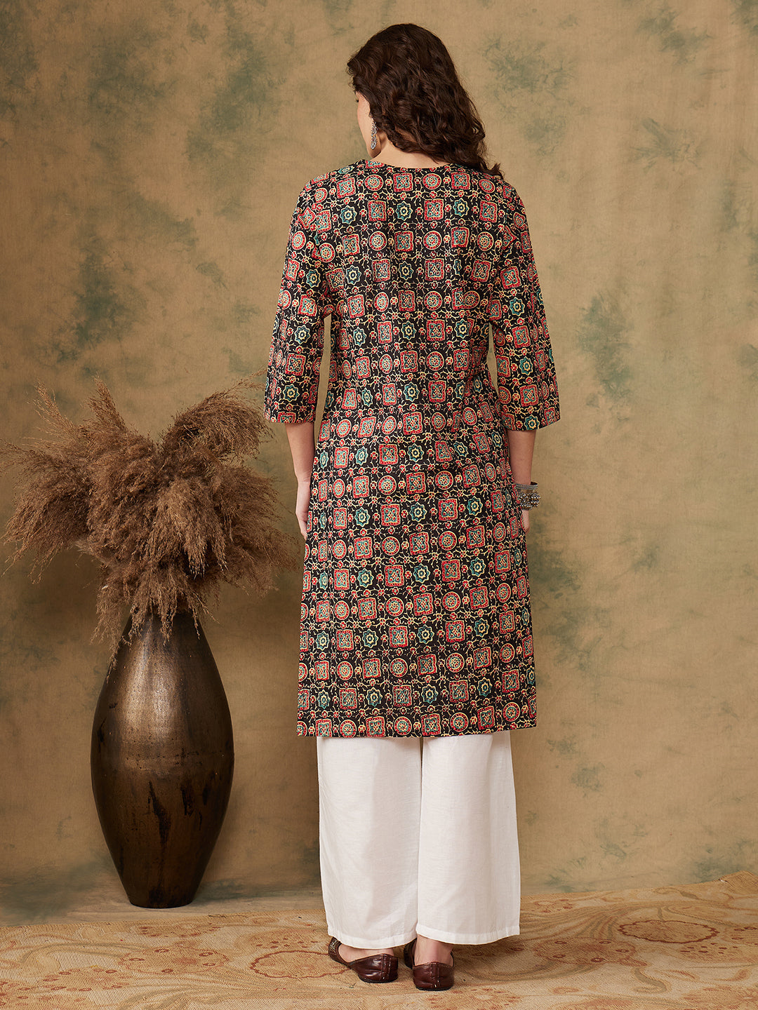 InWeave Women's Black Maroon Print Lace Gota Work Straight Kurta