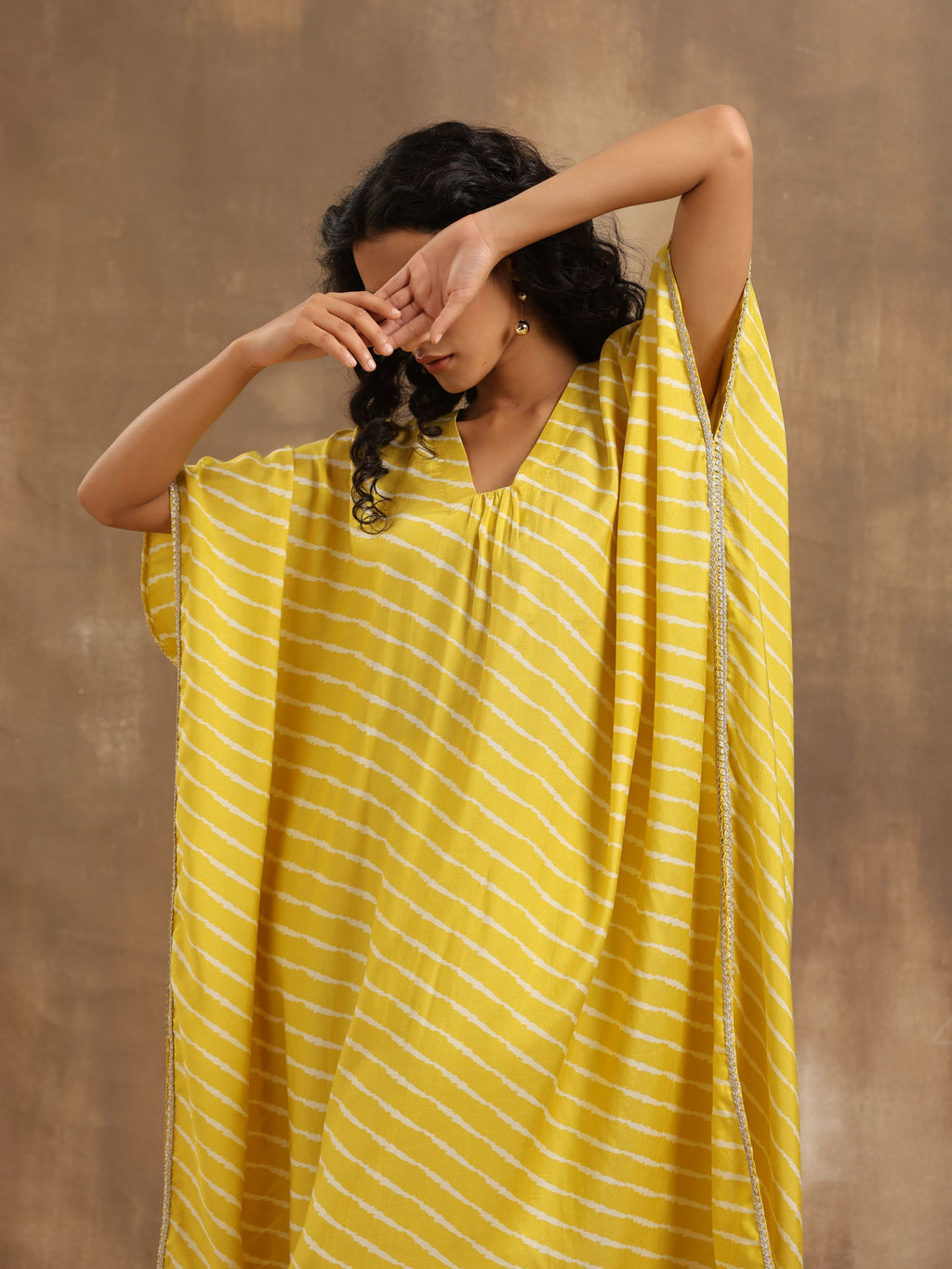 trueBrowns Lime Lehariya Printed Silk Kaftan Pant Set