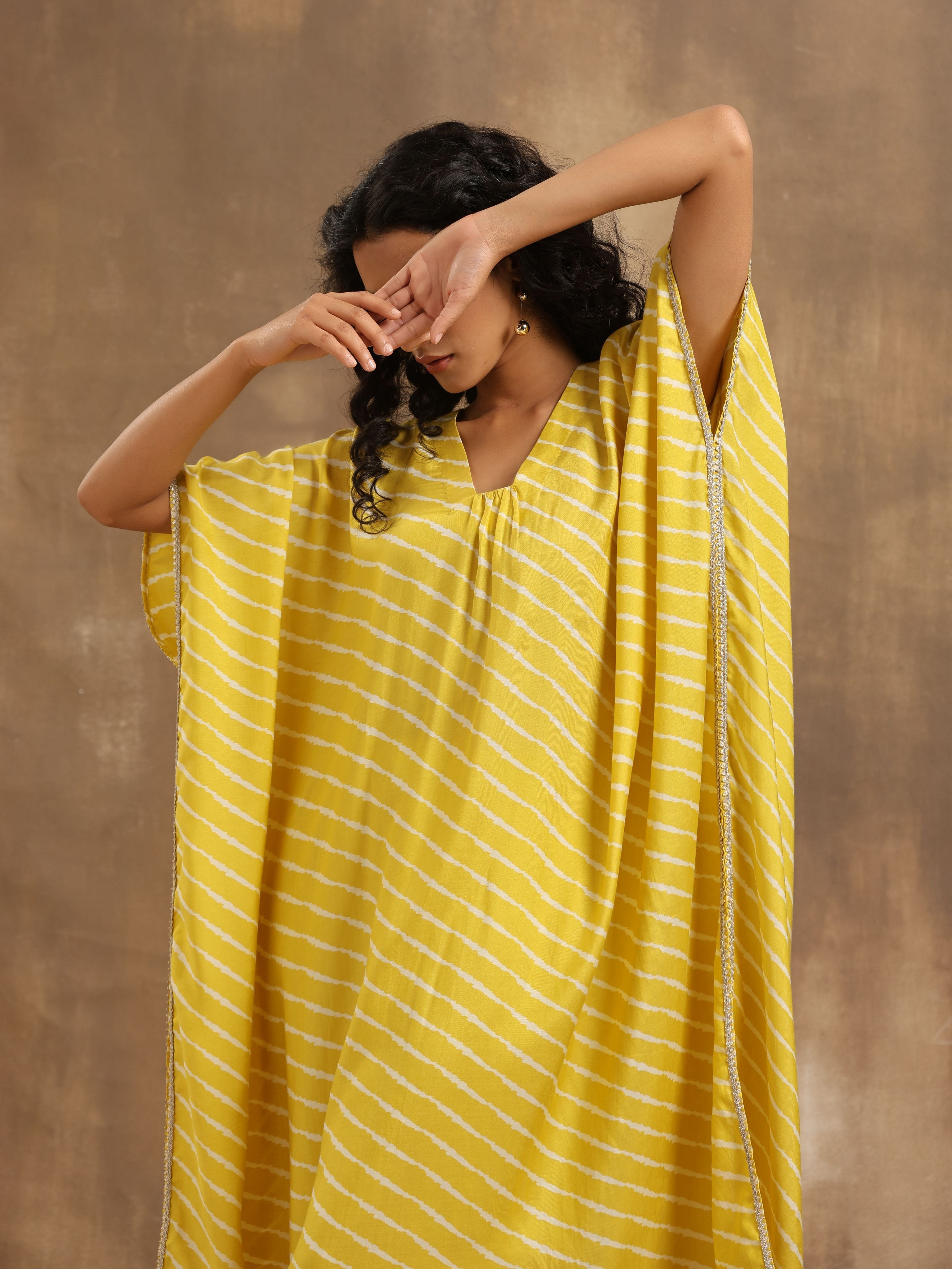 trueBrowns Lime Lehariya Printed Silk Kaftan Pant Set