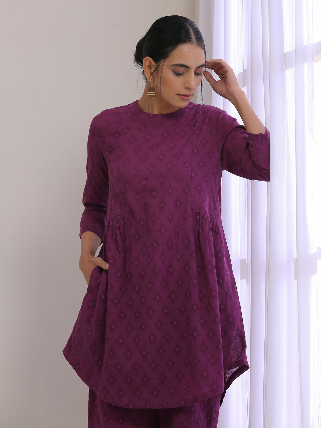 trueBrowns Plum Purple Dobby Gathers Co-Ord Set