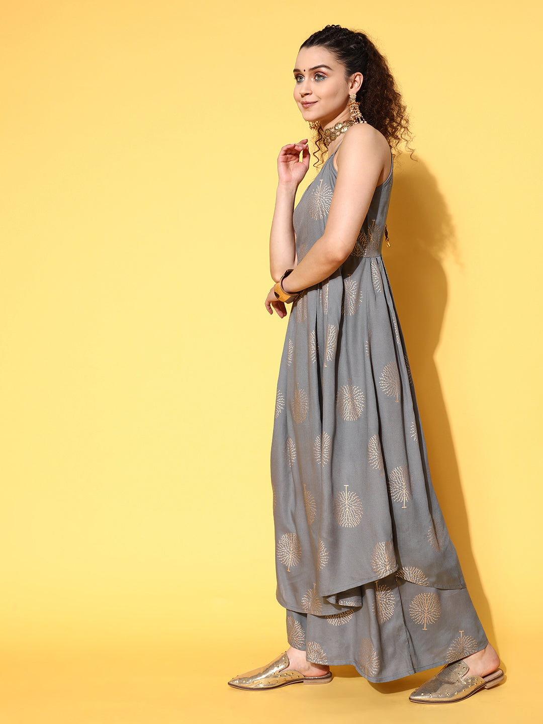 InWeave Women's Grey Gold Strappy Kurta Set