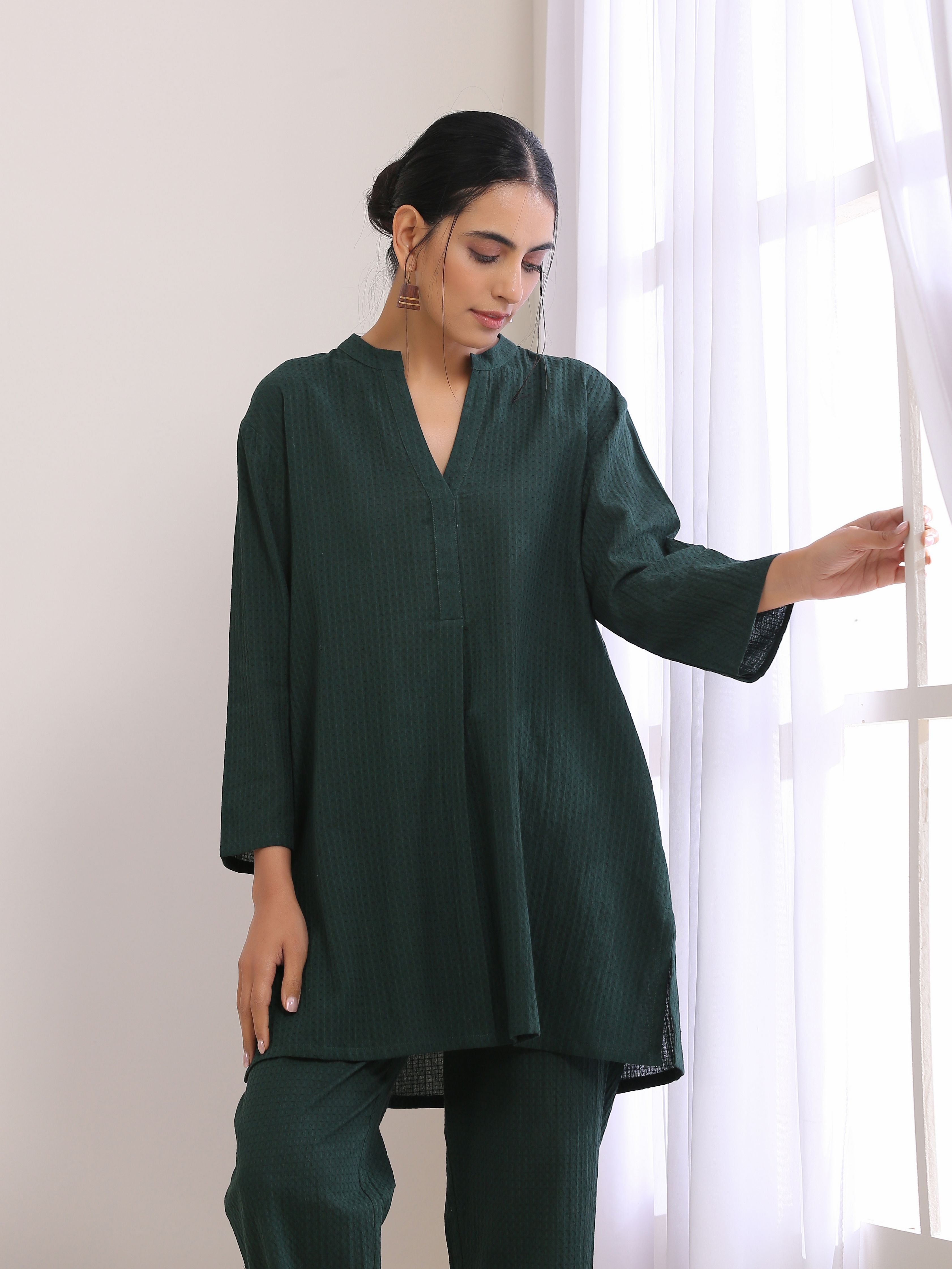 trueBrowns Dark Green Dobby Relaxed Fit Co-Ord Set