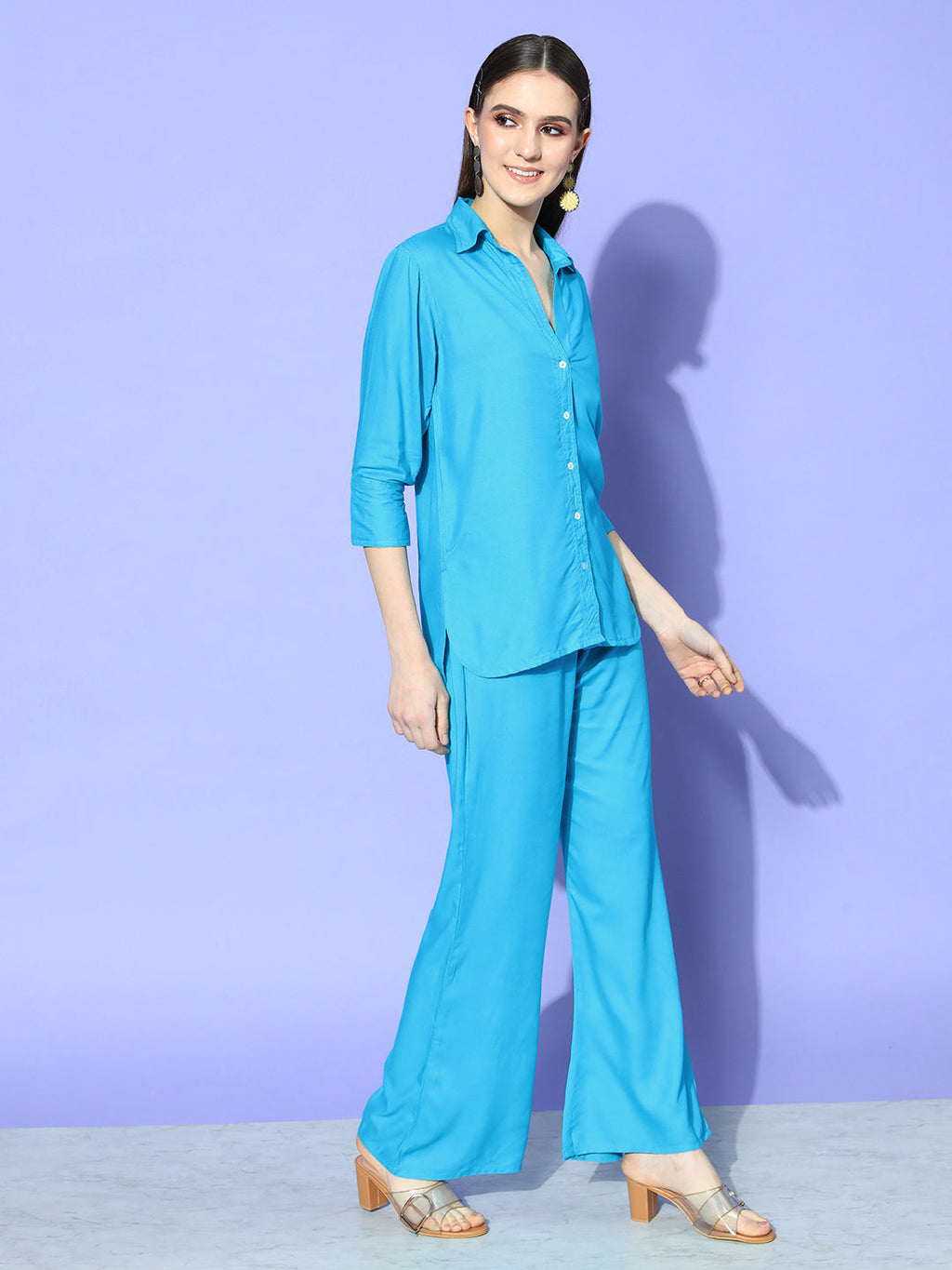 InWeave Women's Aqua Blue Coord Set With White Butterfly Scarf