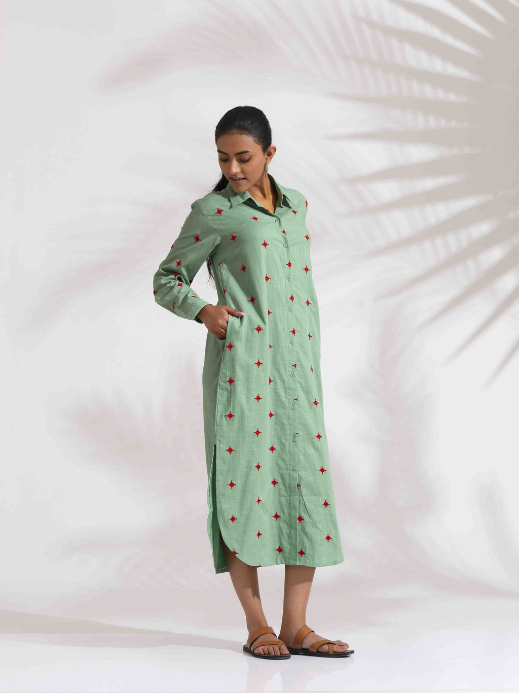 trueBrowns Green Cotton Embroidered Shirt Dress