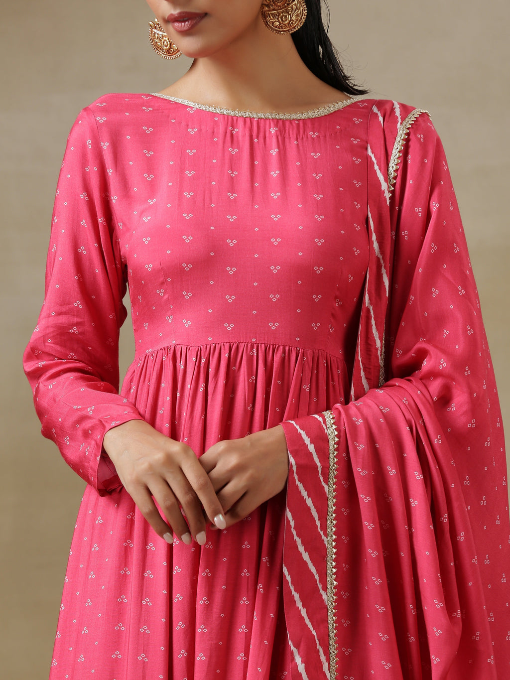 trueBrowns Pink Bandhani Printed Silk Anarkali Kurta Pant Dupatta Set