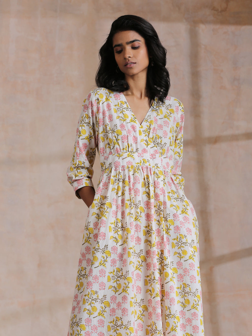 trueBrowns Pink Yellow Floral On White Block Print Cotton Wrap Dress