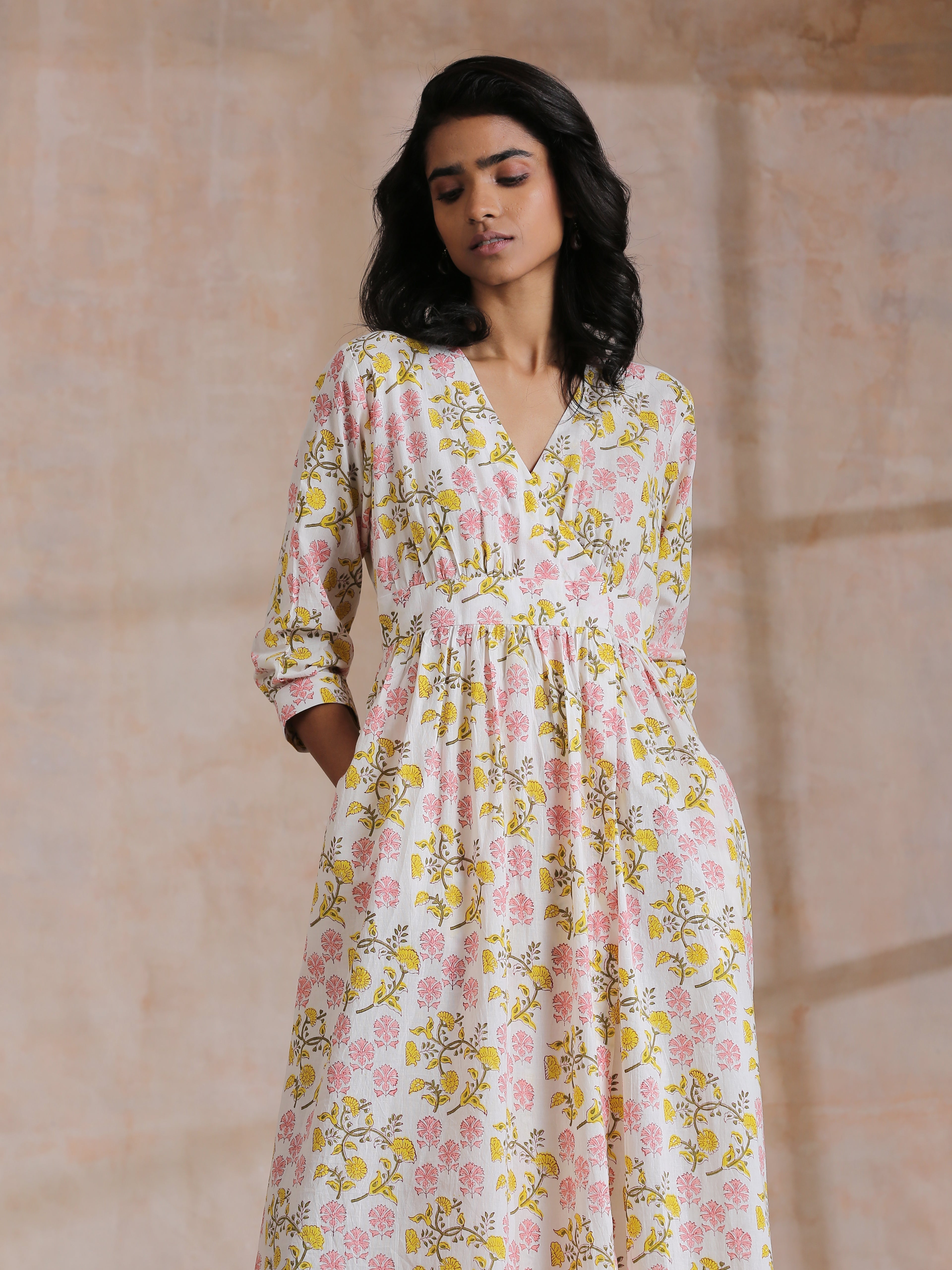 trueBrowns Pink Yellow Floral On White Block Print Cotton Wrap Dress