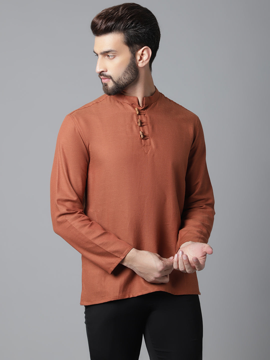 Even Apparels Rust Pure Cotton Kurta With Band Collar
