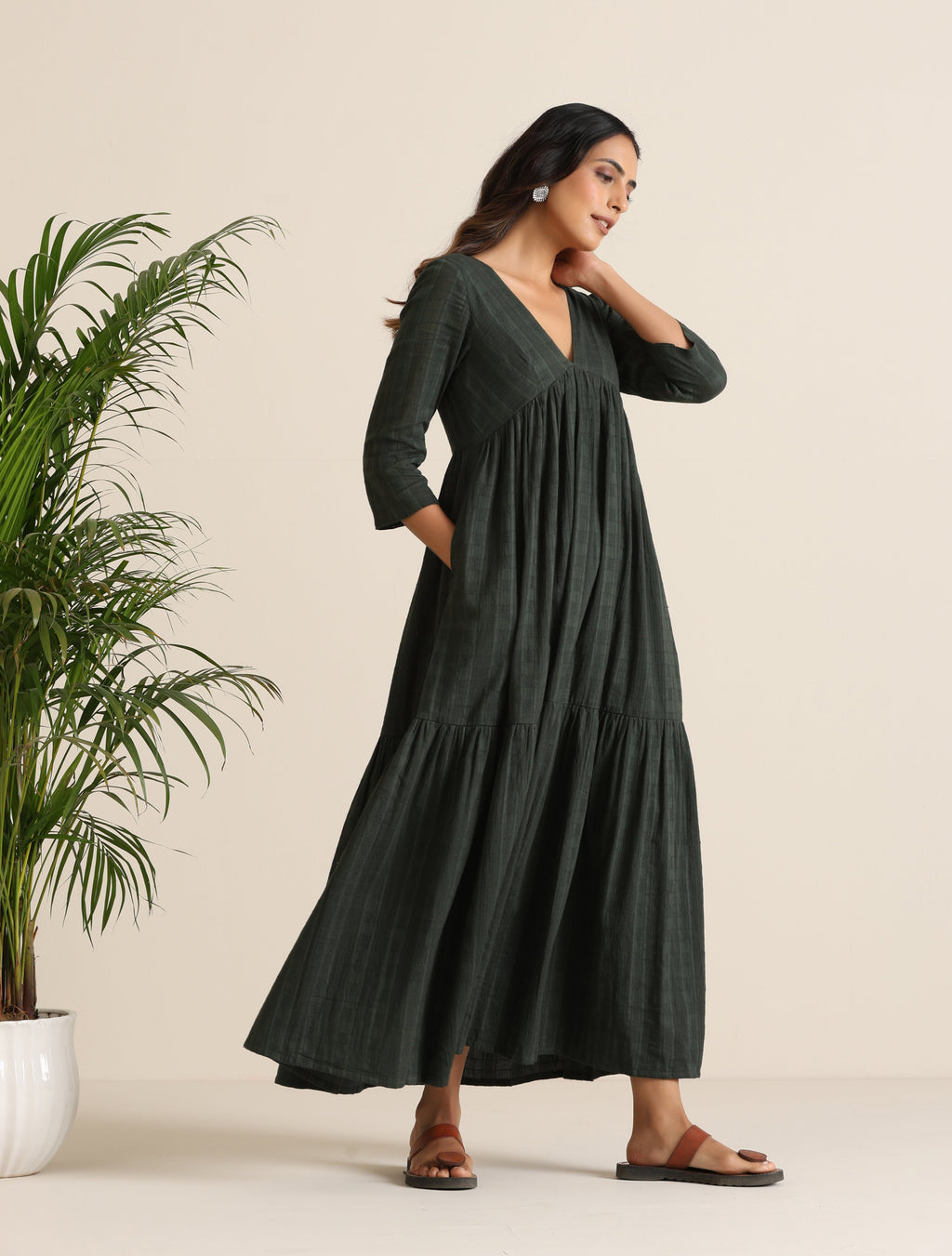 trueBrowns Charcoal Cotton Dobby Tiered Dress