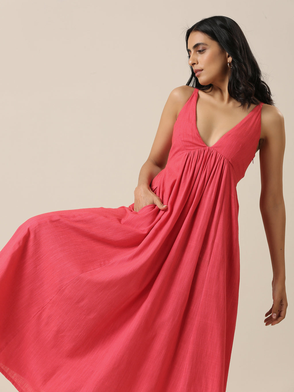 trueBrowns Bright Pink Slub Texture Sleeveless Dress
