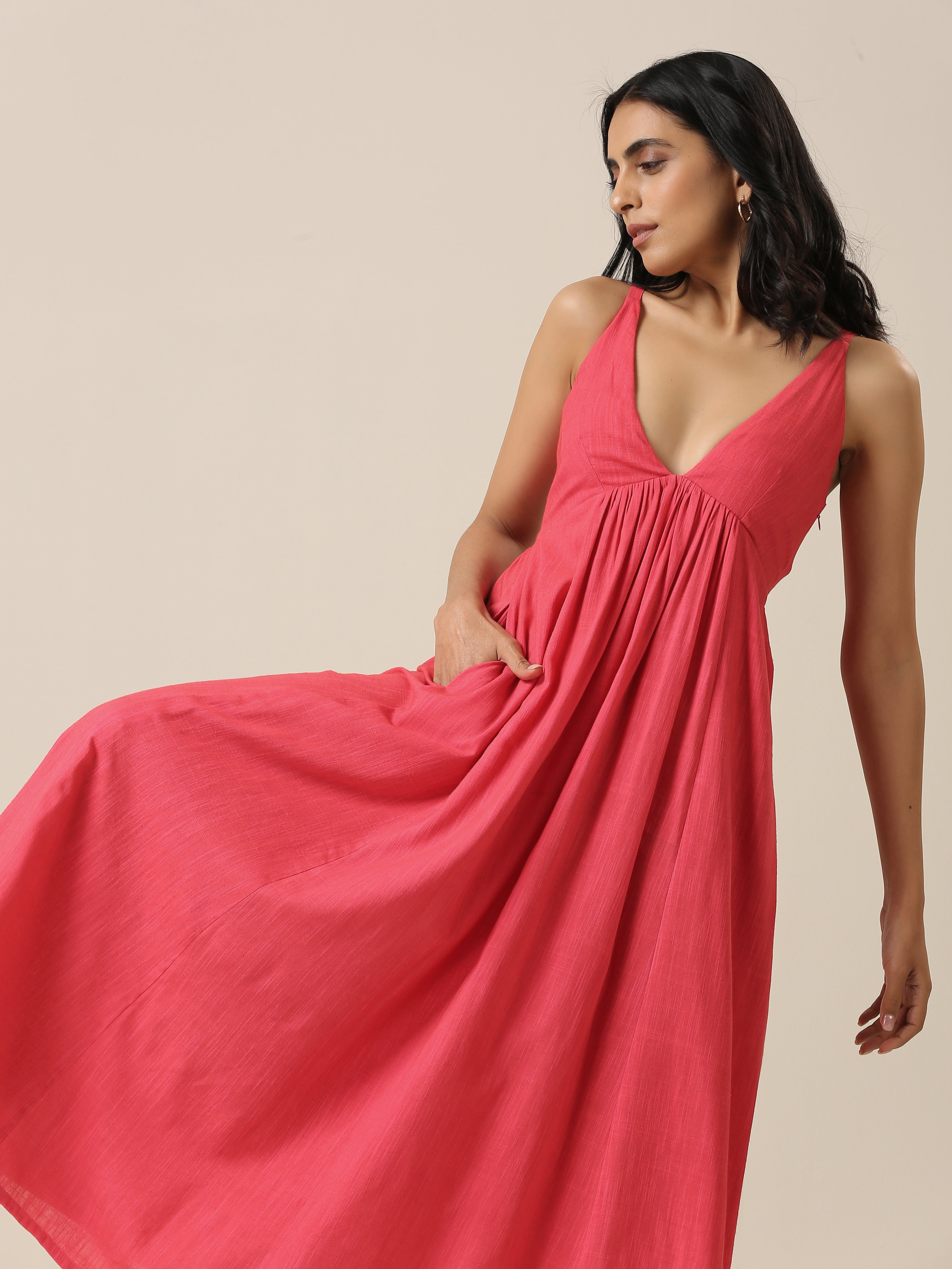 trueBrowns Bright Pink Slub Texture Sleeveless Dress