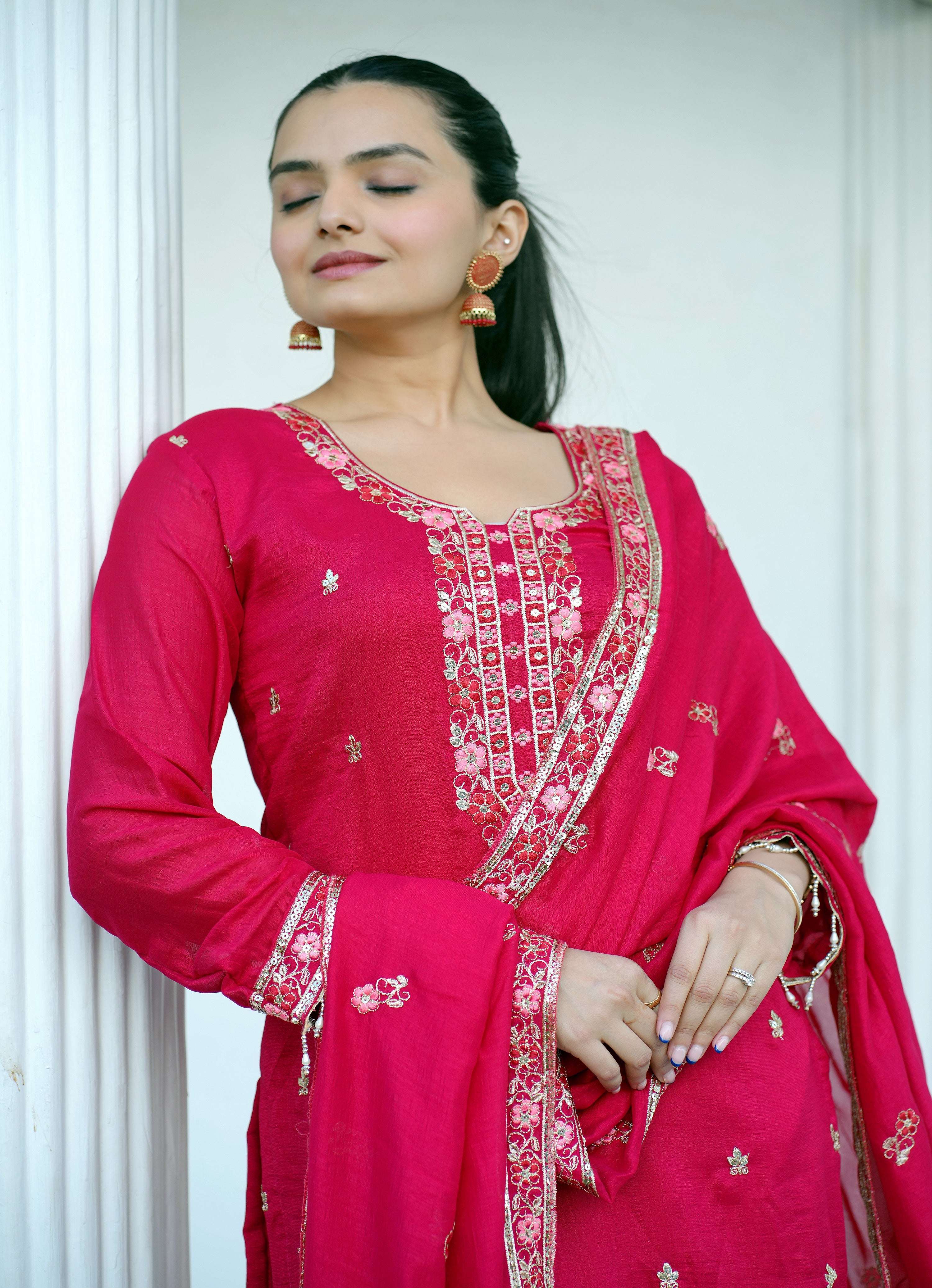 Yash Enterprise Pink Vichitra Silk Party Wear Embroidery Suit Set