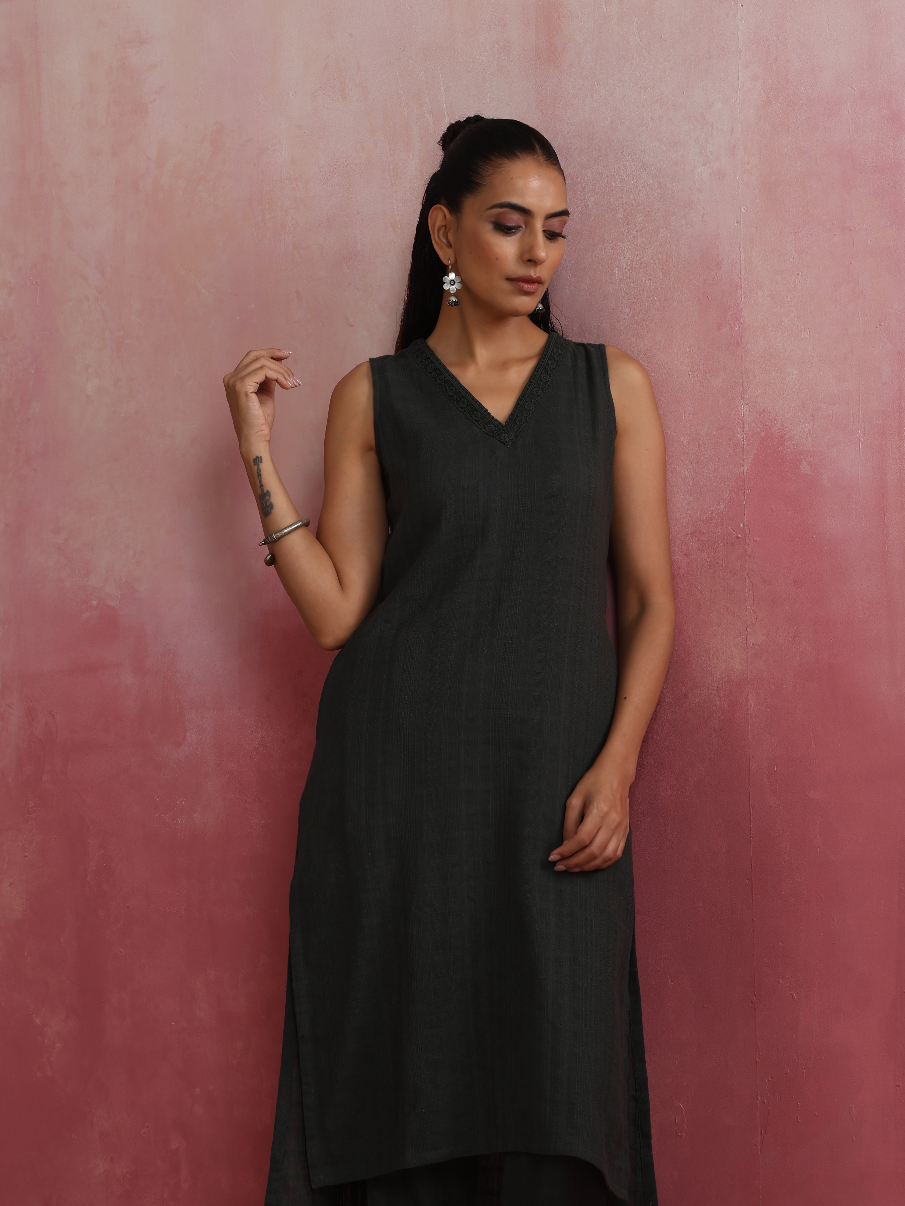 trueBrowns Dark Olive Green Cotton Dobby Kurta Set