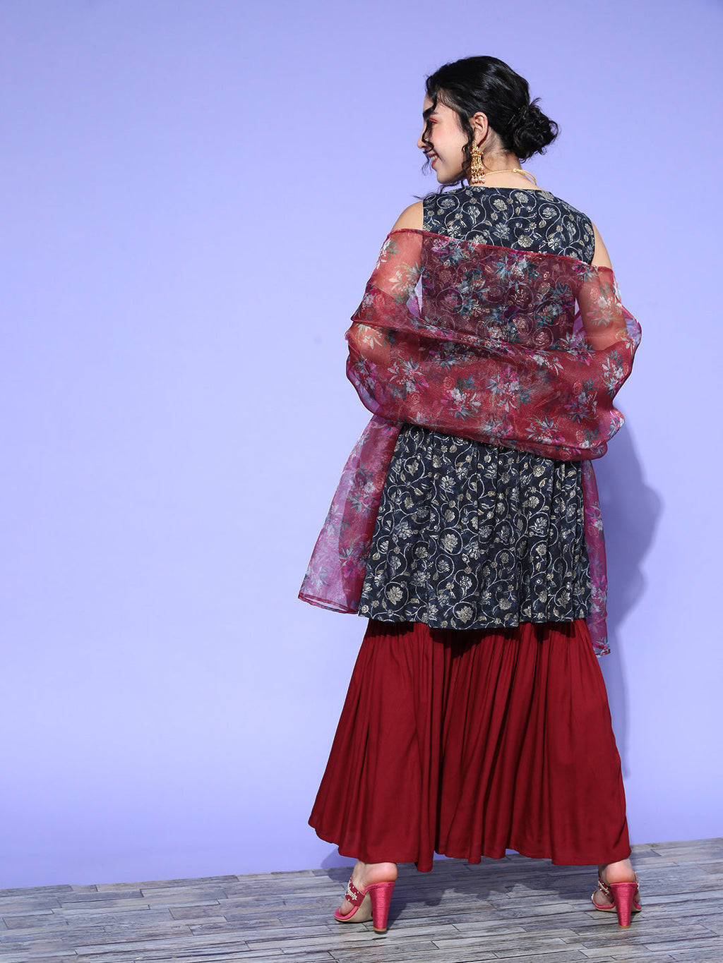 InWeave Women's Blue Printed Kurta Sharara Set With Burgundy Organza Dupatta