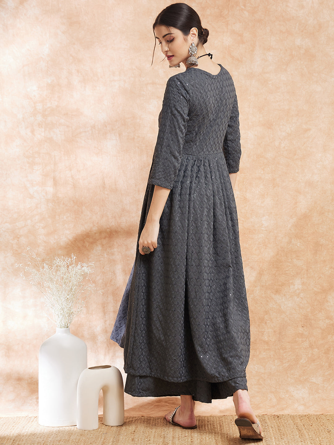 InWeave Women's Grey Chikankari Long Anarkali Kurta Sharara Set