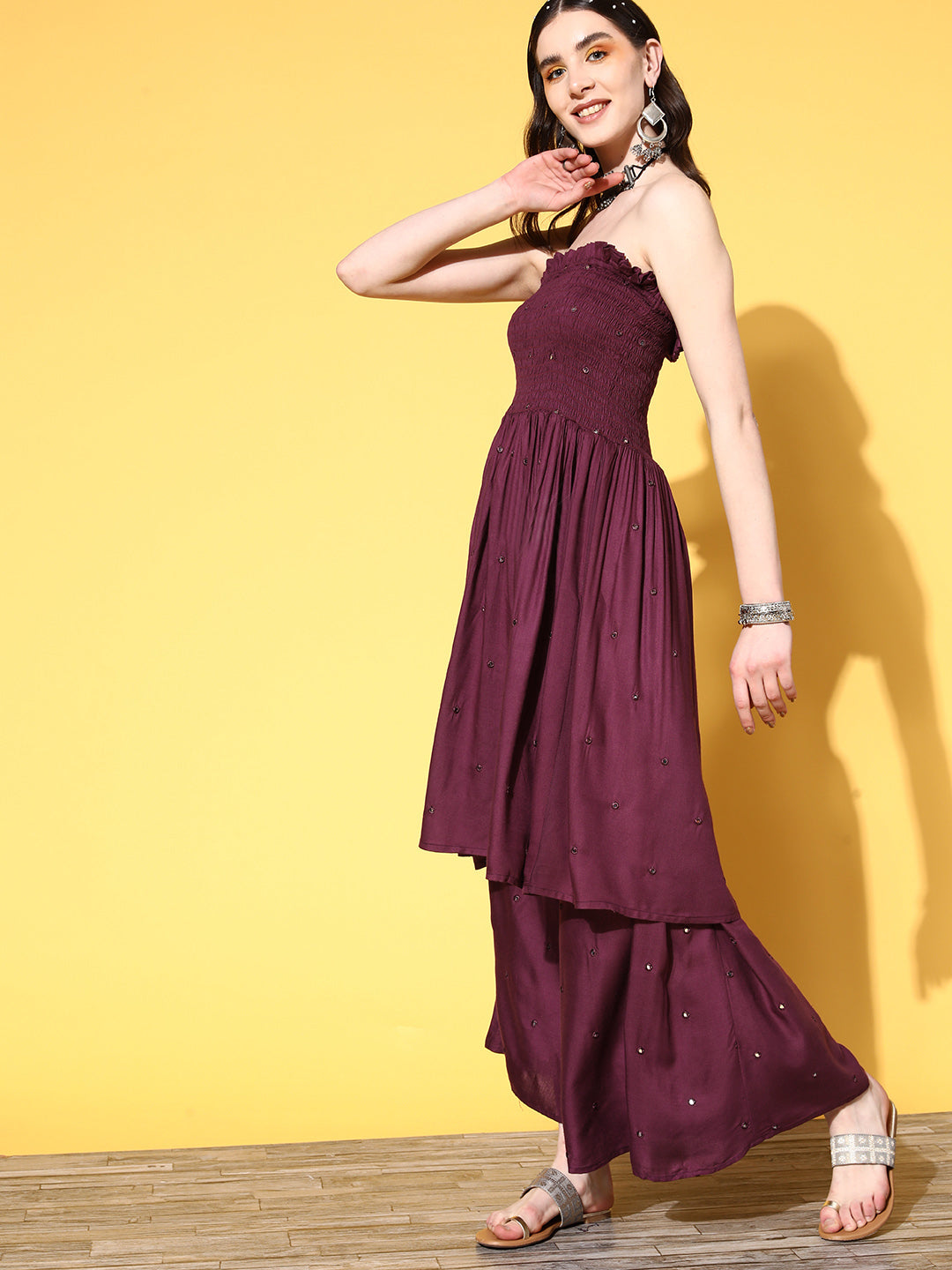 InWeave Women's Wine Mirror Work Off Shoulder Kurta Set