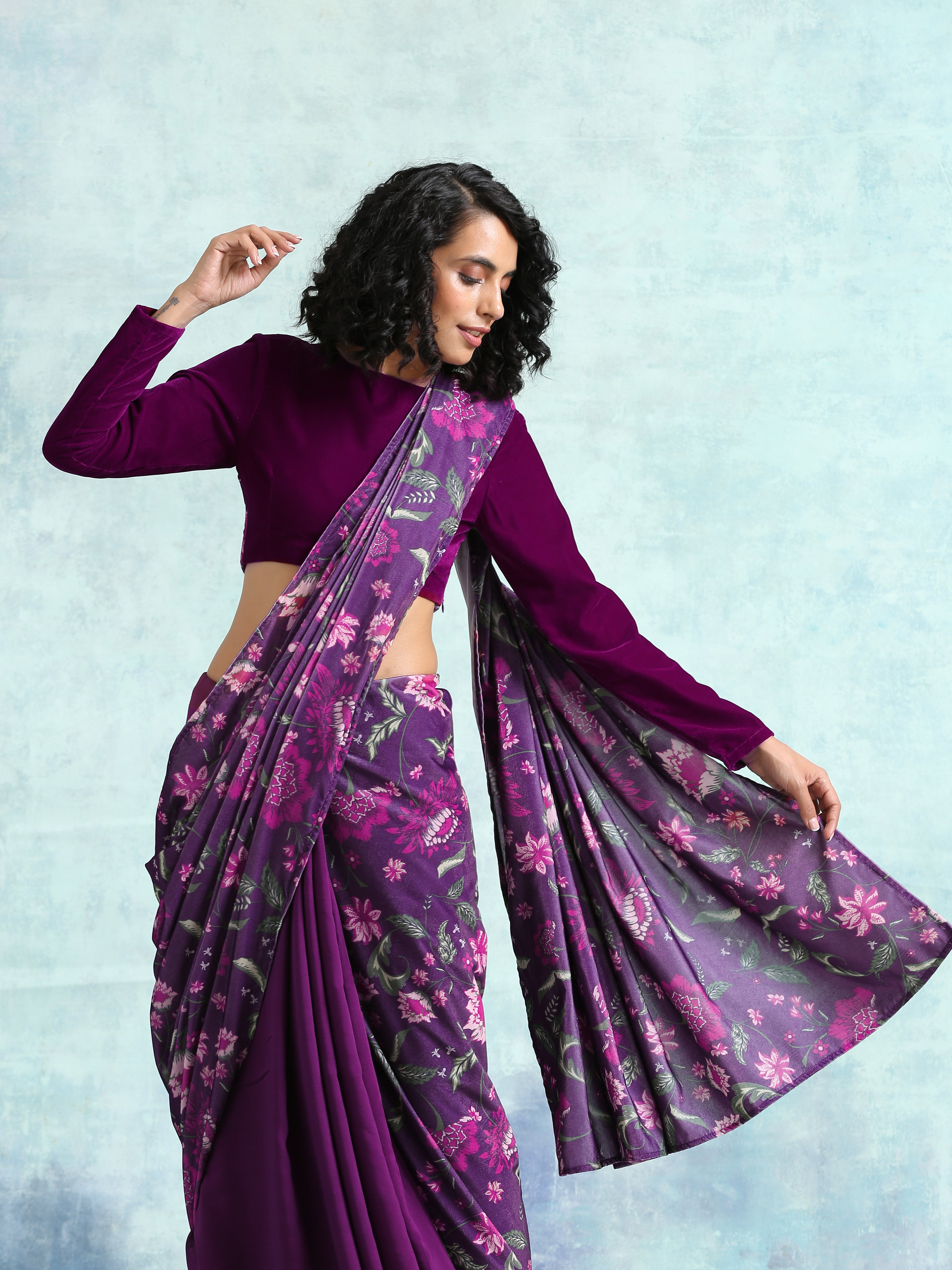 trueBrowns Wine Printed Velvet Ready to Wear Saree